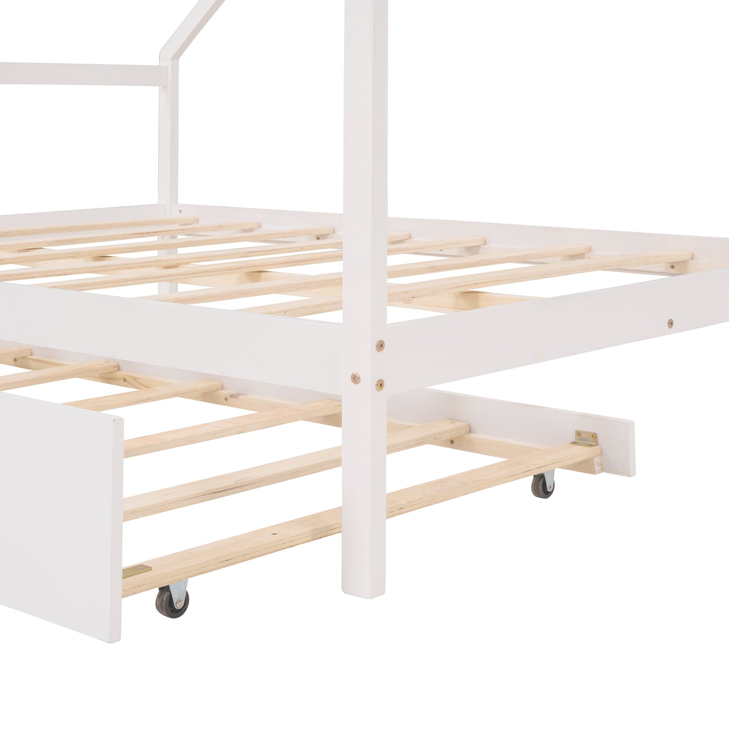 Full Size Wooden House Bed With Twin Size Trundle, White