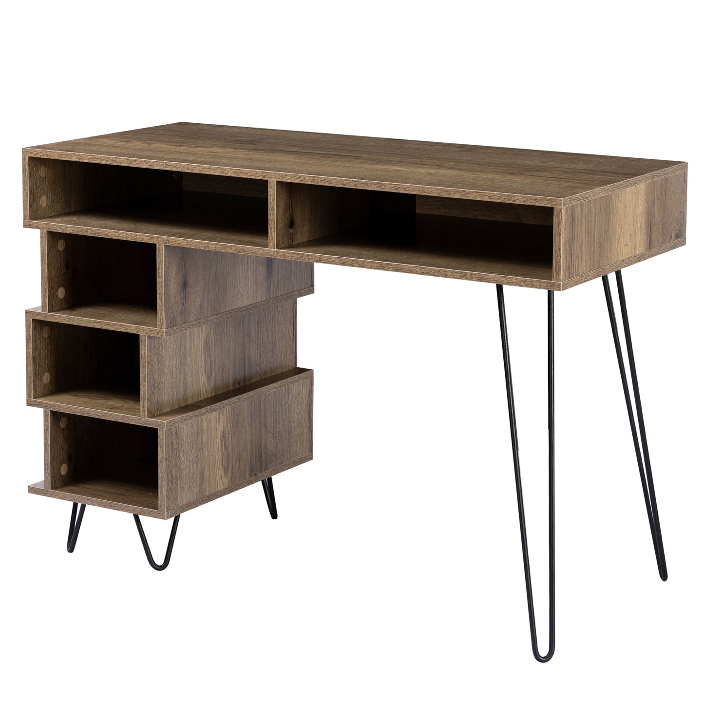 Geometric Brown Computer Desk with V-Shaped Iron Leg and Ample Storage