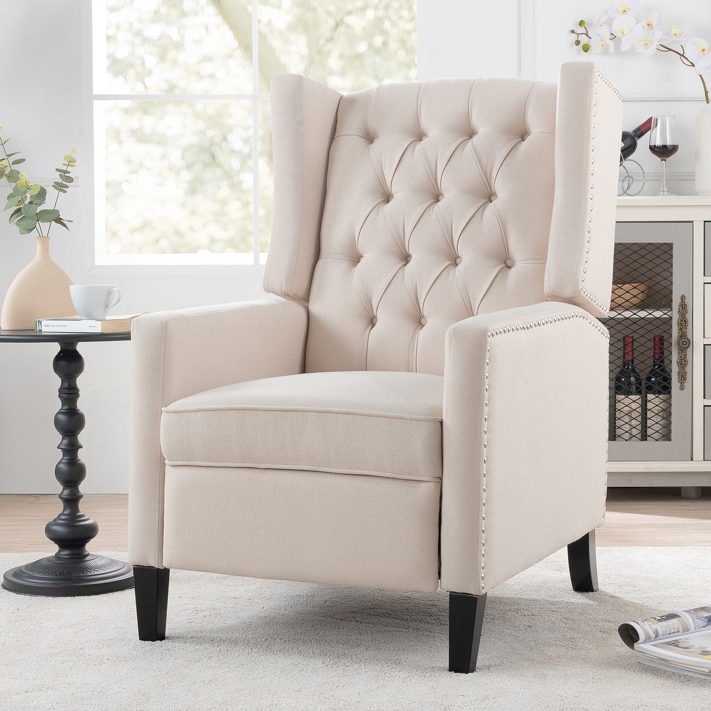 Beige Fabric Wing Chair Recliner with High Backrest - 27.16 Wide