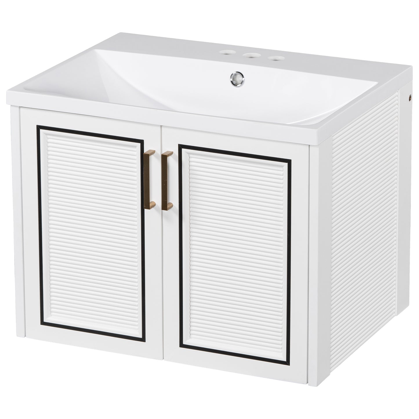 24" Wall Mounted Bathroom Vanity with Ceramic Basin, Two Shutter Doors, Solid Wood & MDF Board, White (One Package)