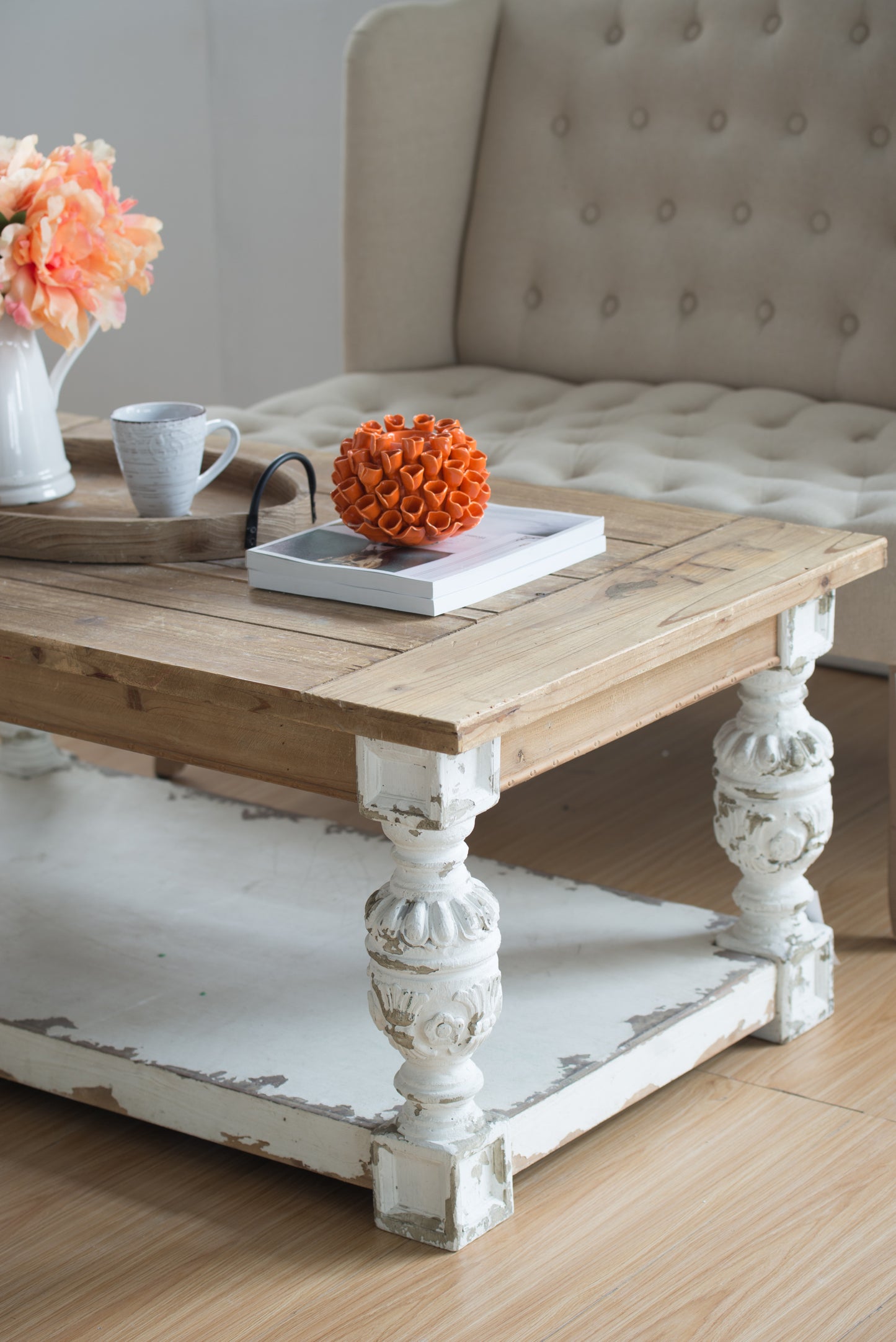 French Country Wooden Coffee Table with Ornate Legs and Storage Shelf