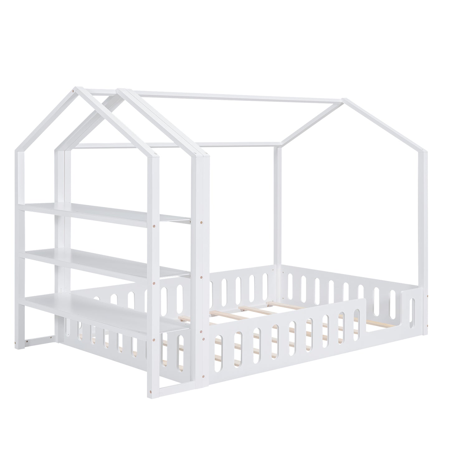 Full Size Wood House Bed with Fence and Detachable Storage Shelves, White(Expected Arrival Time: 1.7)