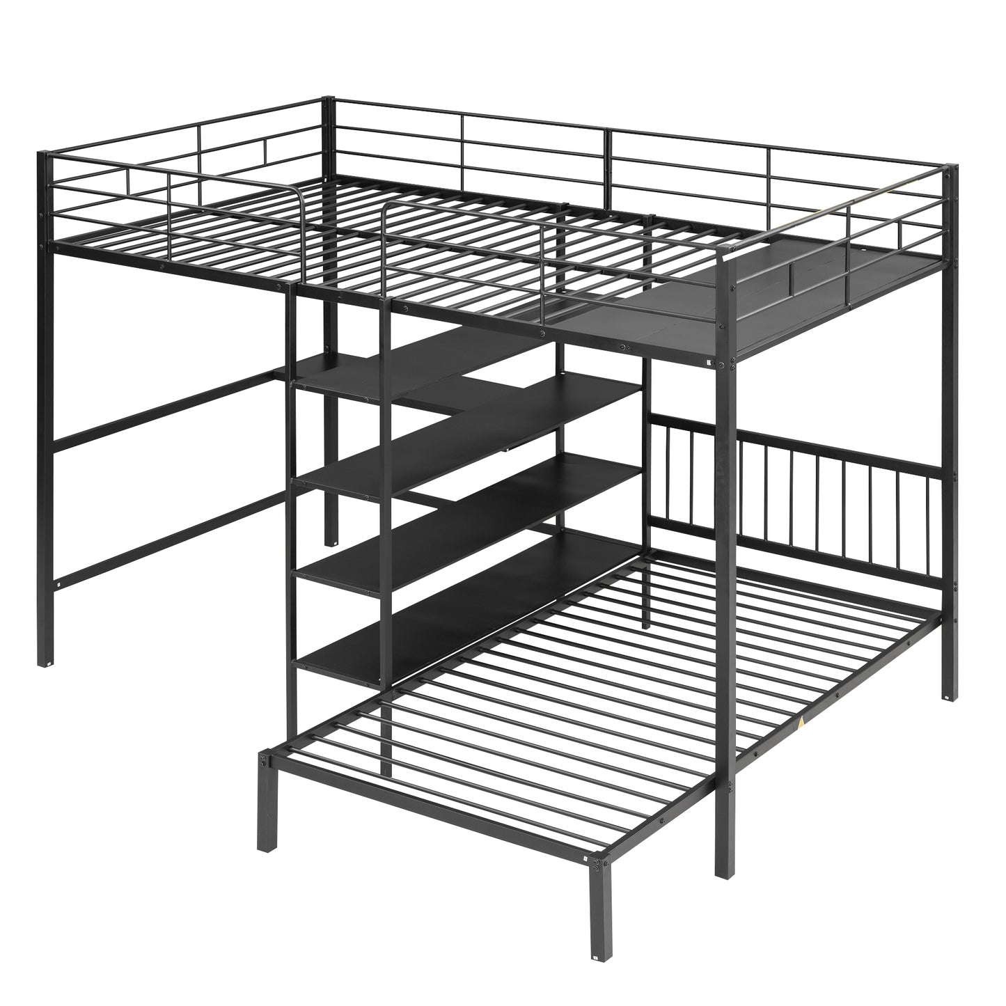 Black Metal Bunk Bed with Desk, Shelves, and Ladder