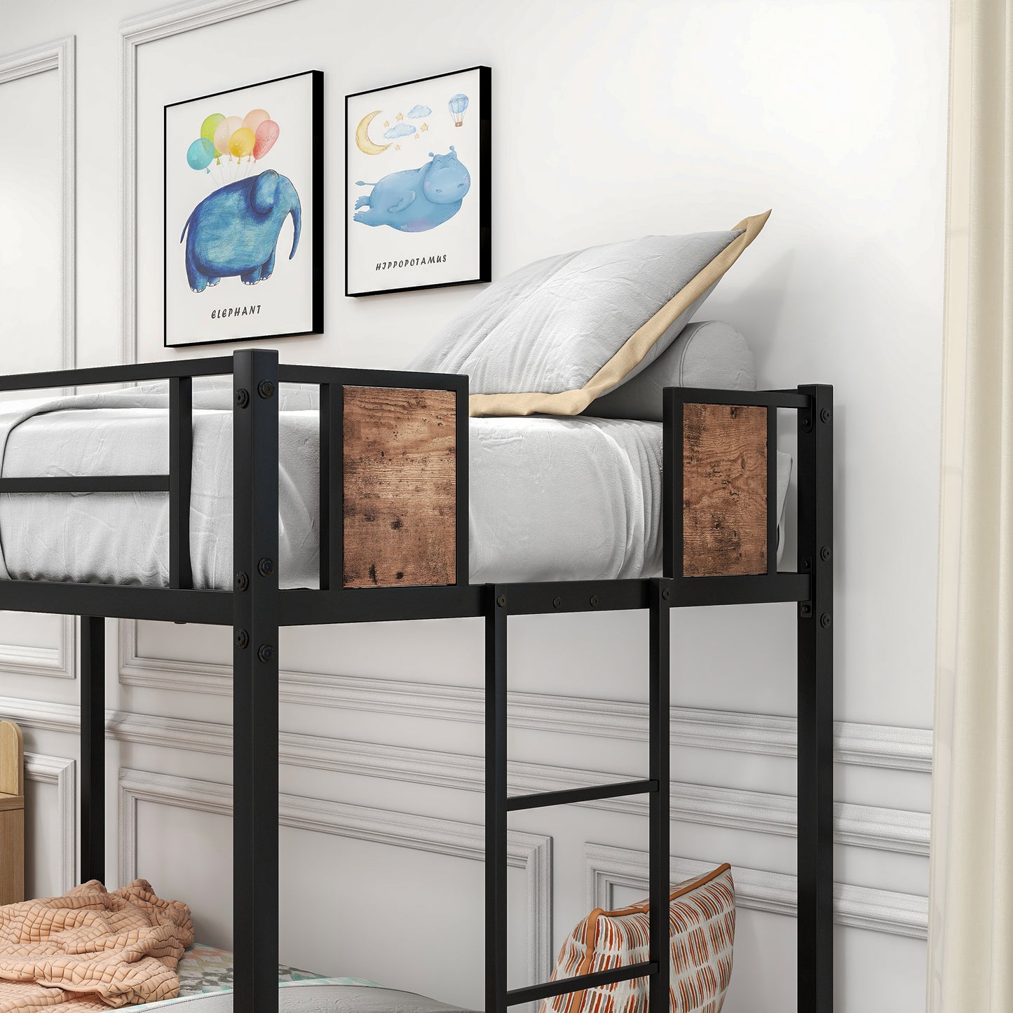 Metal Twin Over Twin Bunk Bed with Ladder, Guardrail, and Storage Space