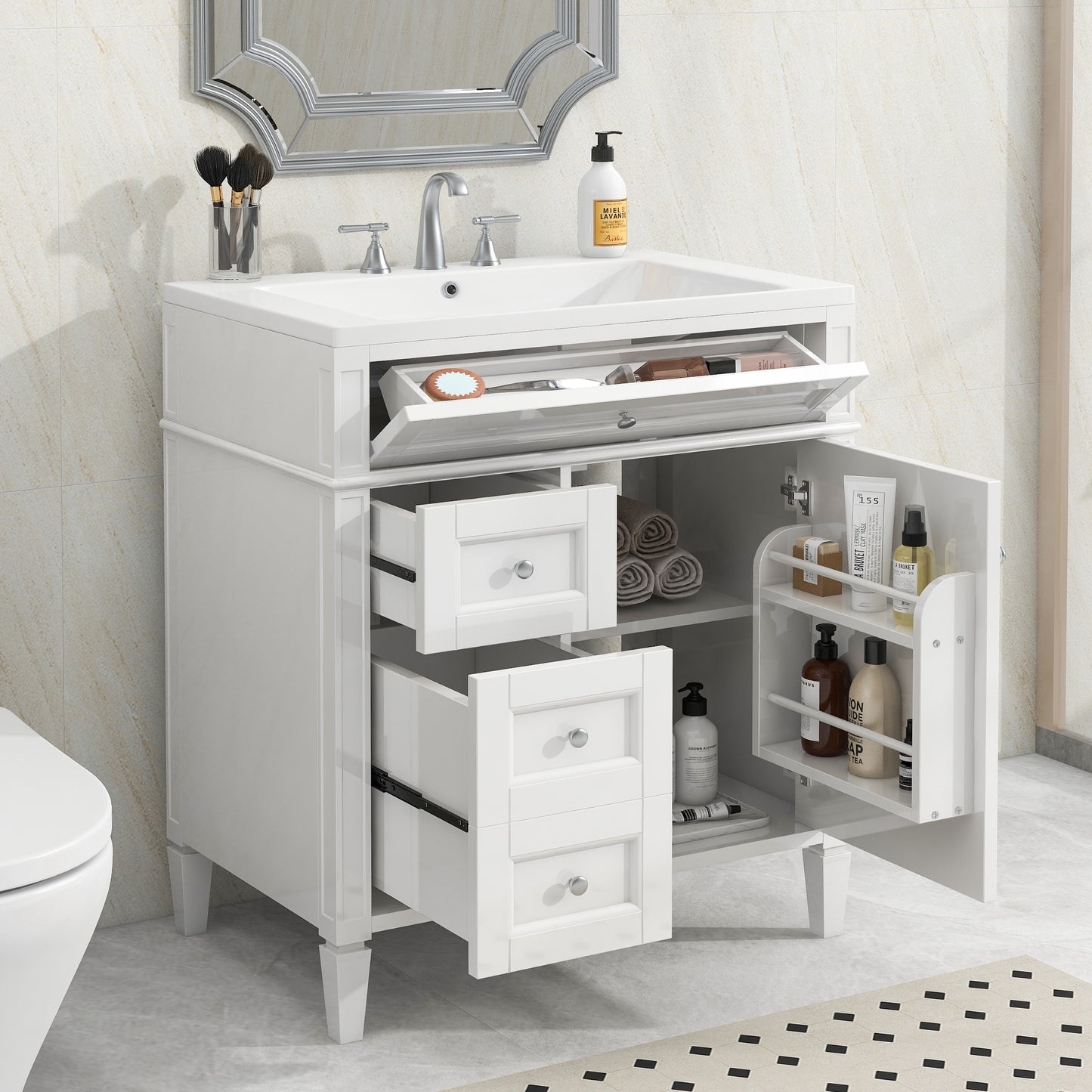 30'' Bathroom Vanity with Top Sink, Modern Bathroom Storage Cabinet with 2 Drawers and a Tip-out Drawer, Single Sink Bathroom Vanity