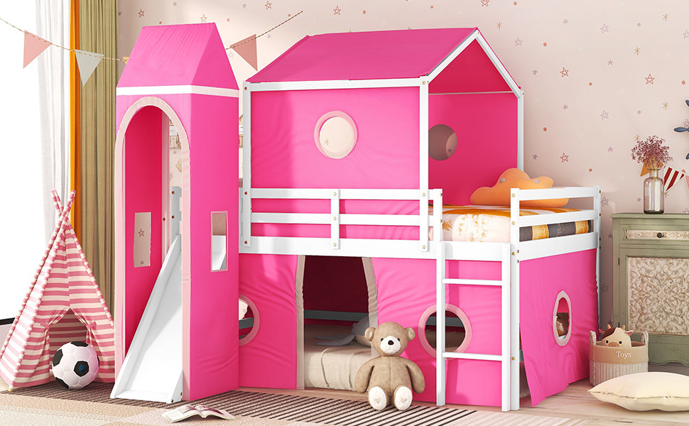 Pink Castle Loft Bed with Slide Tower