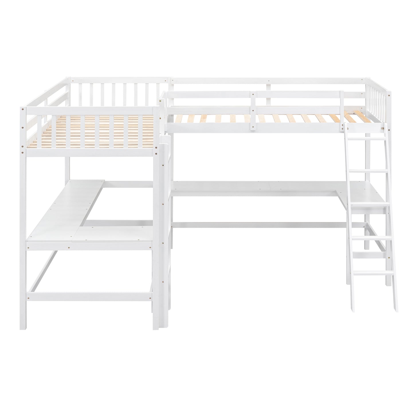 Wood Twin Size L-Shaped Loft Bed with Ladder and 2 Built-in L-Shaped Desks, White