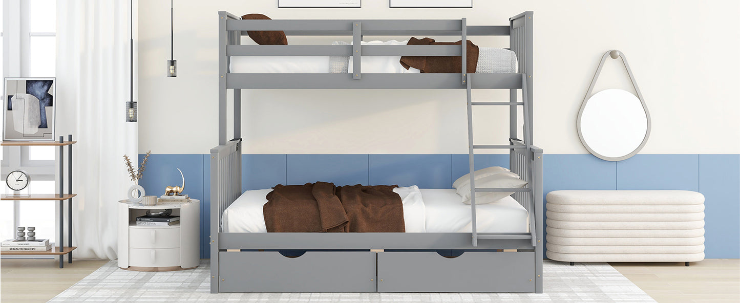 Gray Twin/Full Bunk Bed with Ladders and Storage Drawers