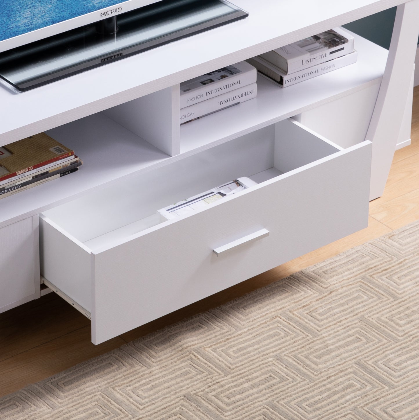 Sleek White TV Console with Storage and Drawer