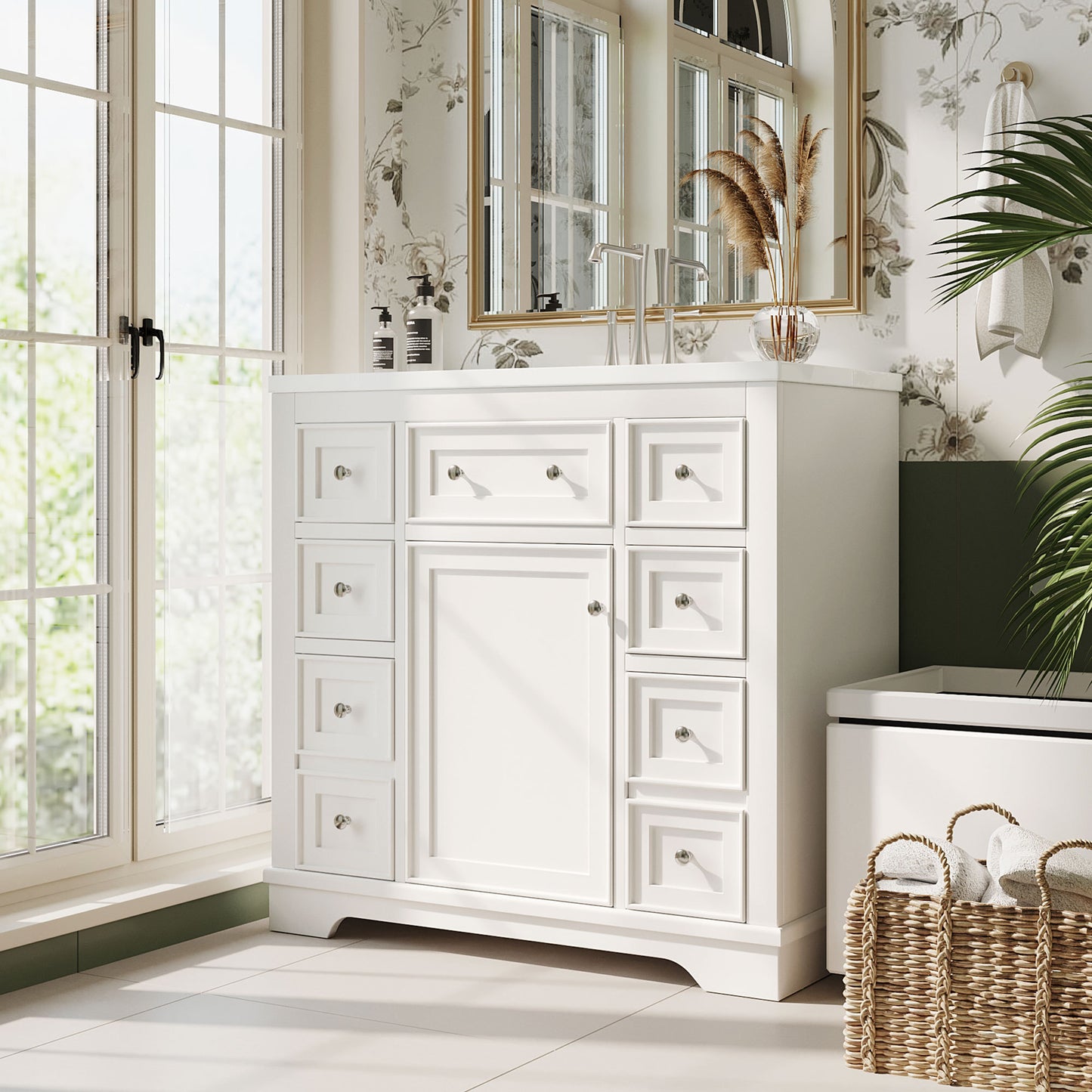 36" Bathroom Vanity with Sink Combo, One Cabinet and Six Drawers, Solid Wood and MDF Board, White