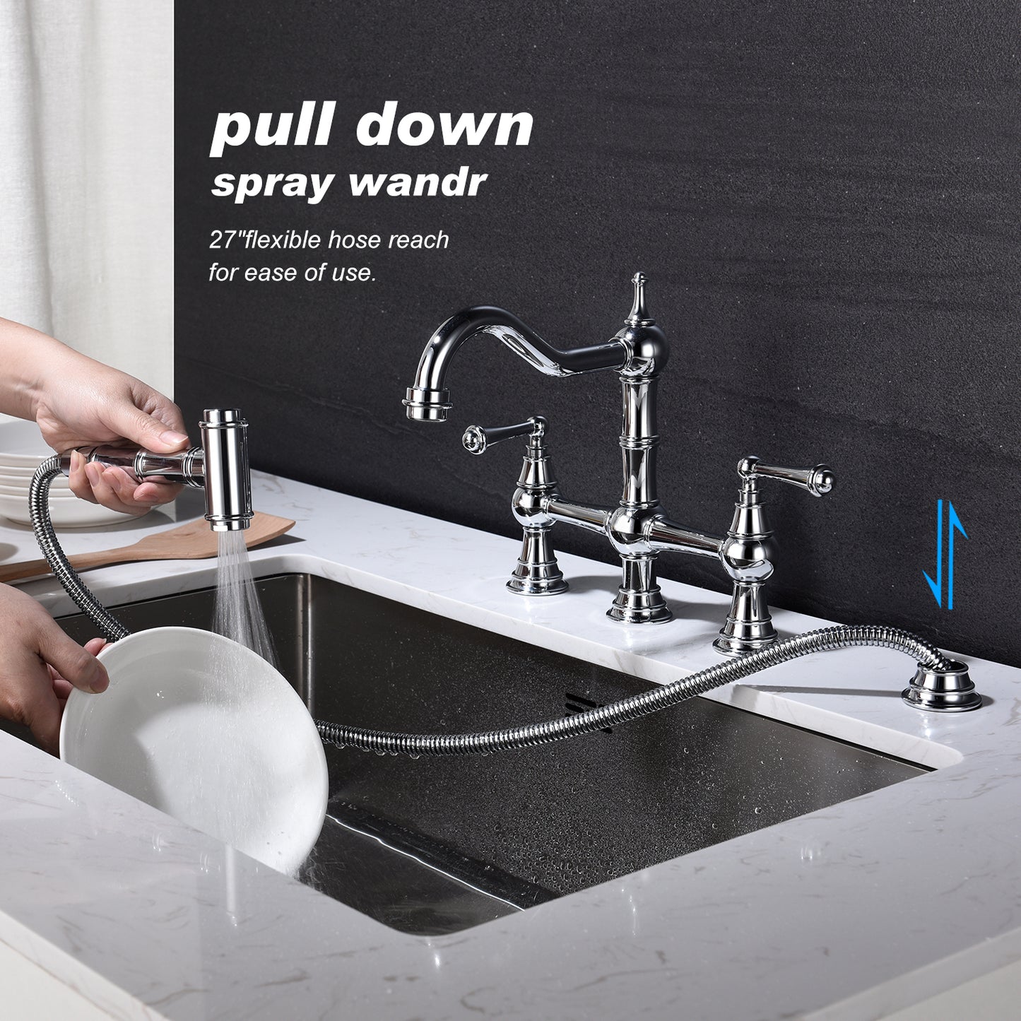 Bridge Dual Handles Kitchen Faucet With Pull-Out Side Spray in