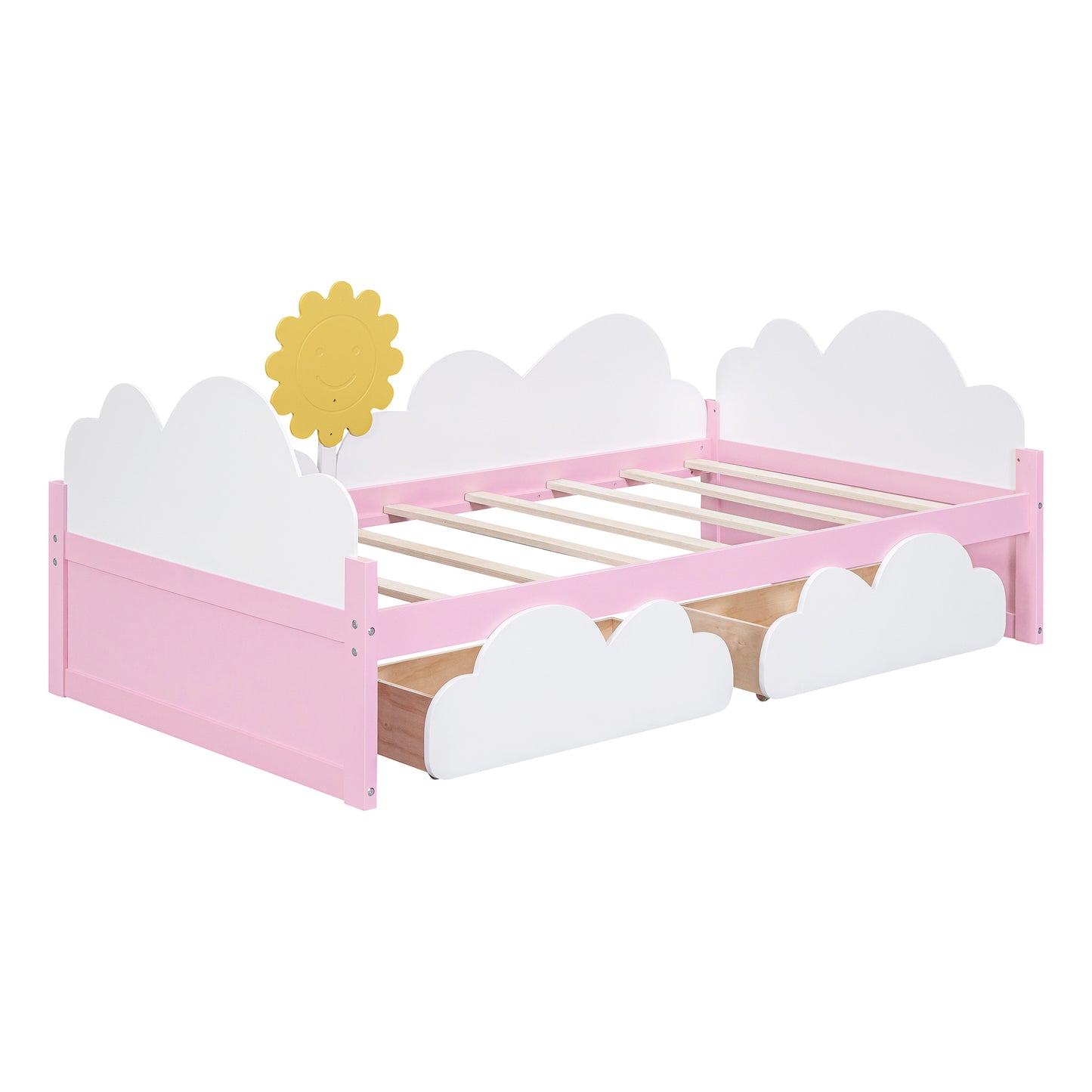 Twin Size Bed with Clouds and Sun Decor, Platform Bed with 2 Drawers (White+Pink)