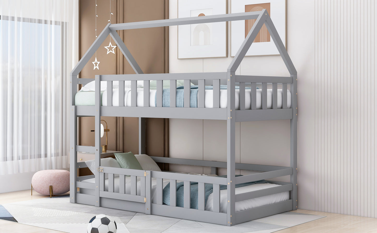 Twin House Bunk Bed with Gray Fence and Door