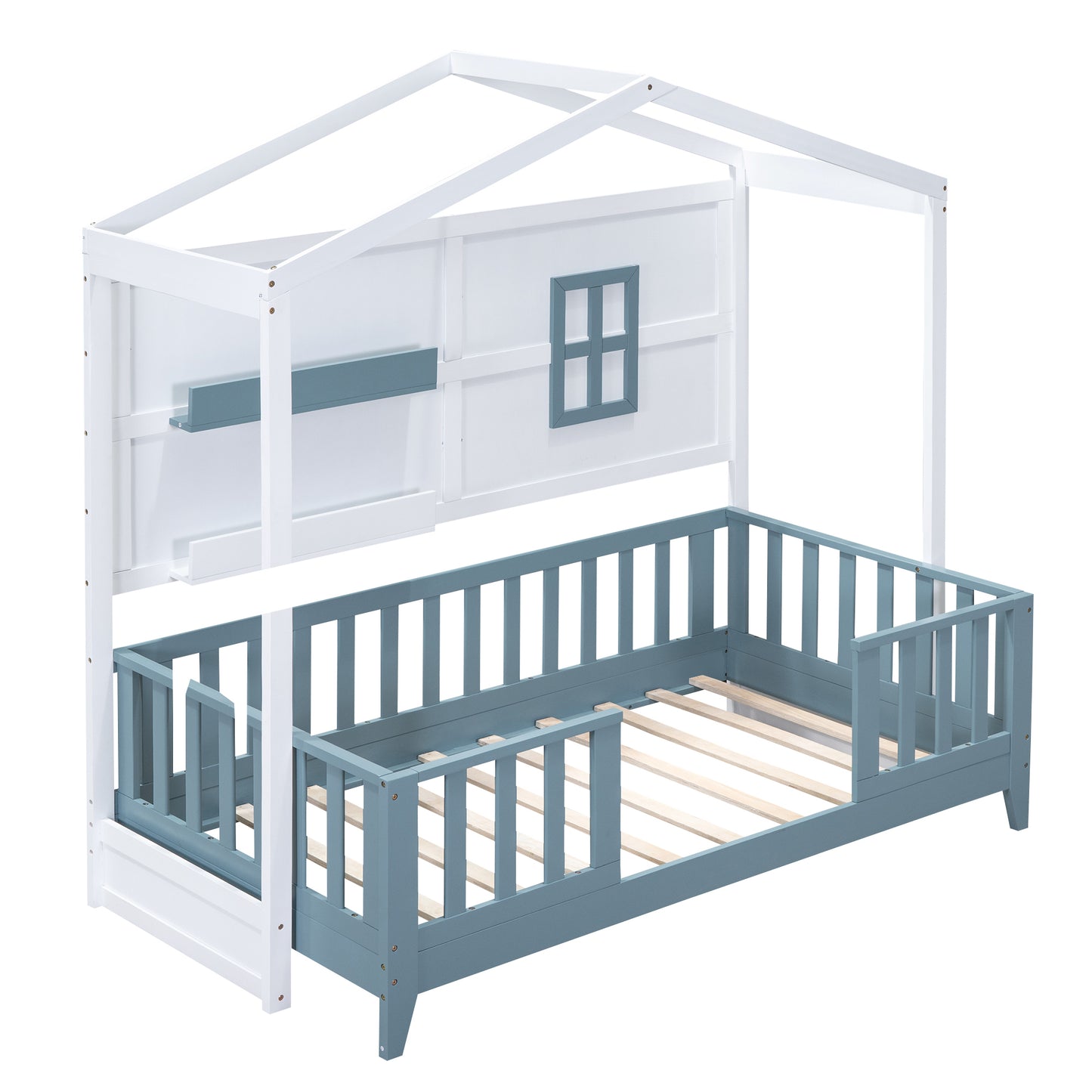 Twin Size Wood House Bed with 2 Shelves and Guardrail, White