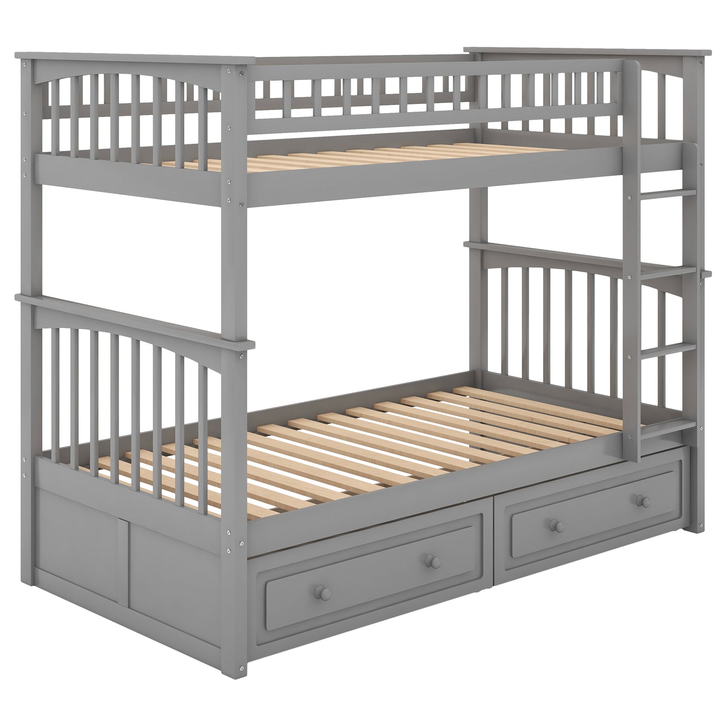 Gray Wood Convertible Bunk Bed with Twin-Over-Twin Beds and Drawers