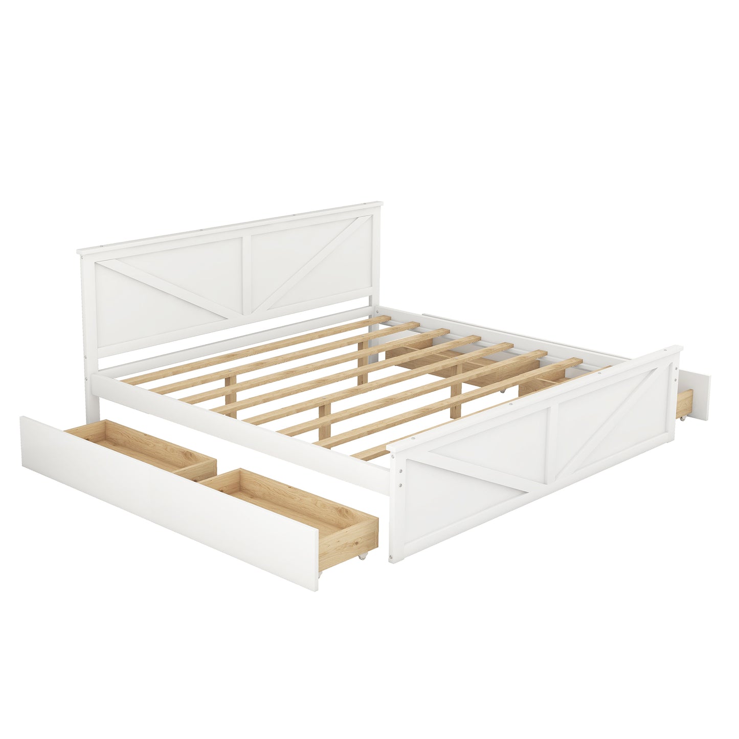 King Size Wooden Platform Bed with Four Storage Drawers and Support Legs, White