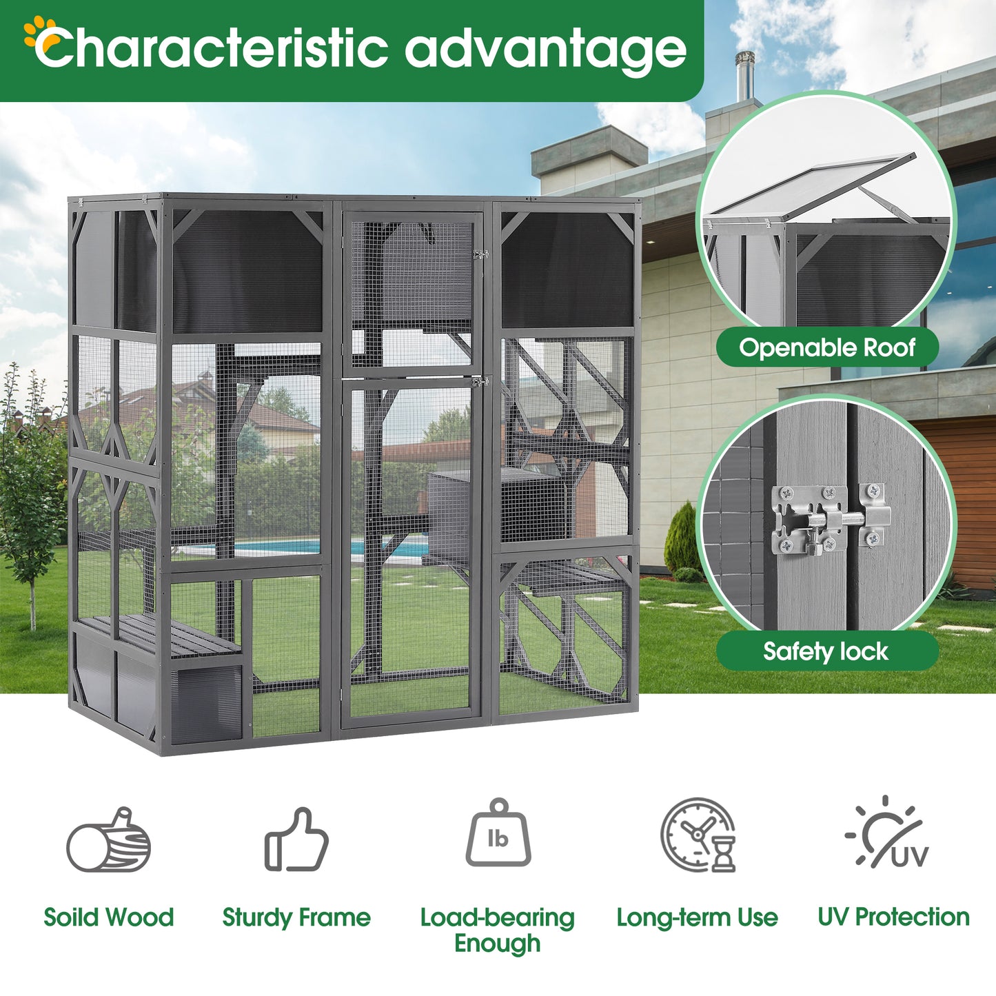 Outdoor Wooden Cat House Catio Enclosure with Super Large Enter Door Cat Kennel with Bouncy Bridge, Platforms and Small Houses  Walk in Kitten Cage with Sunshine Board - L67.5'', Dark Grey