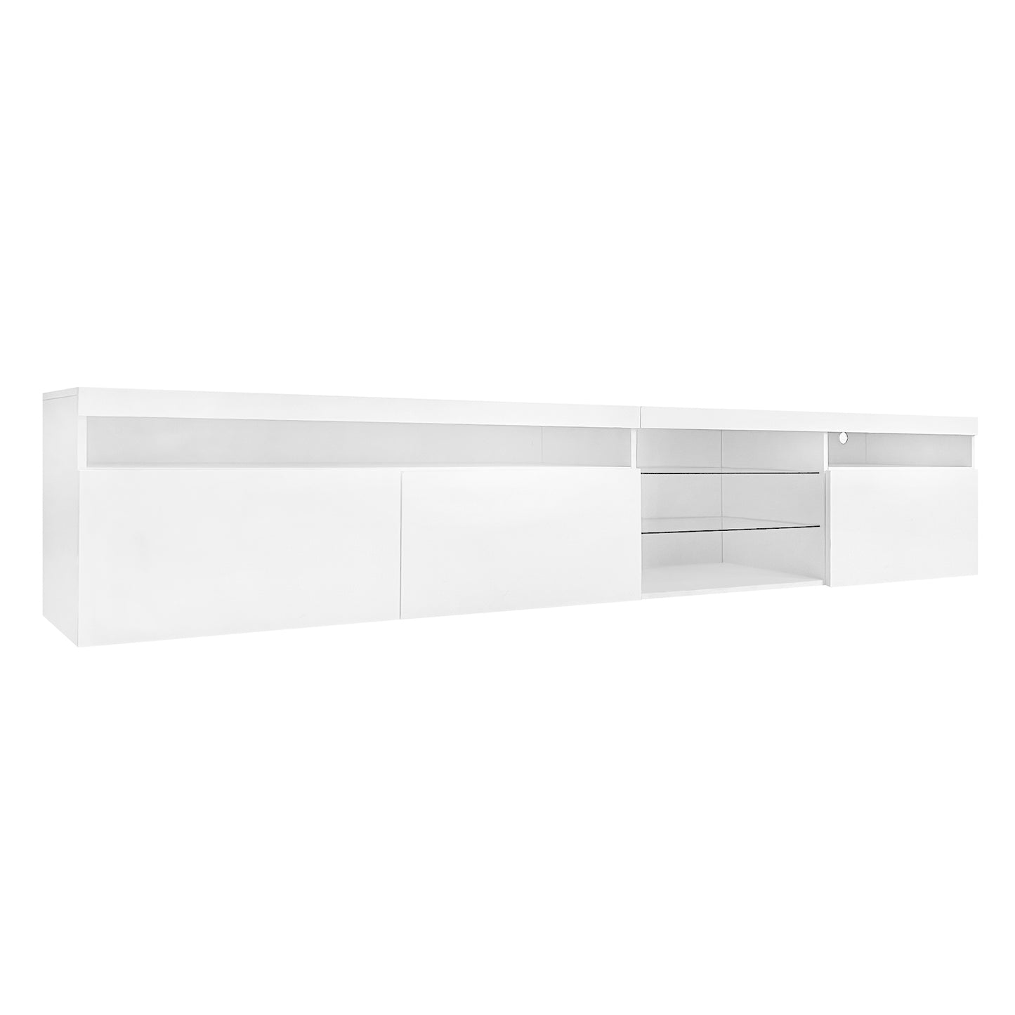 Modern White TV Stand with Glass Shelves and LED Lights for TVs Up to 100