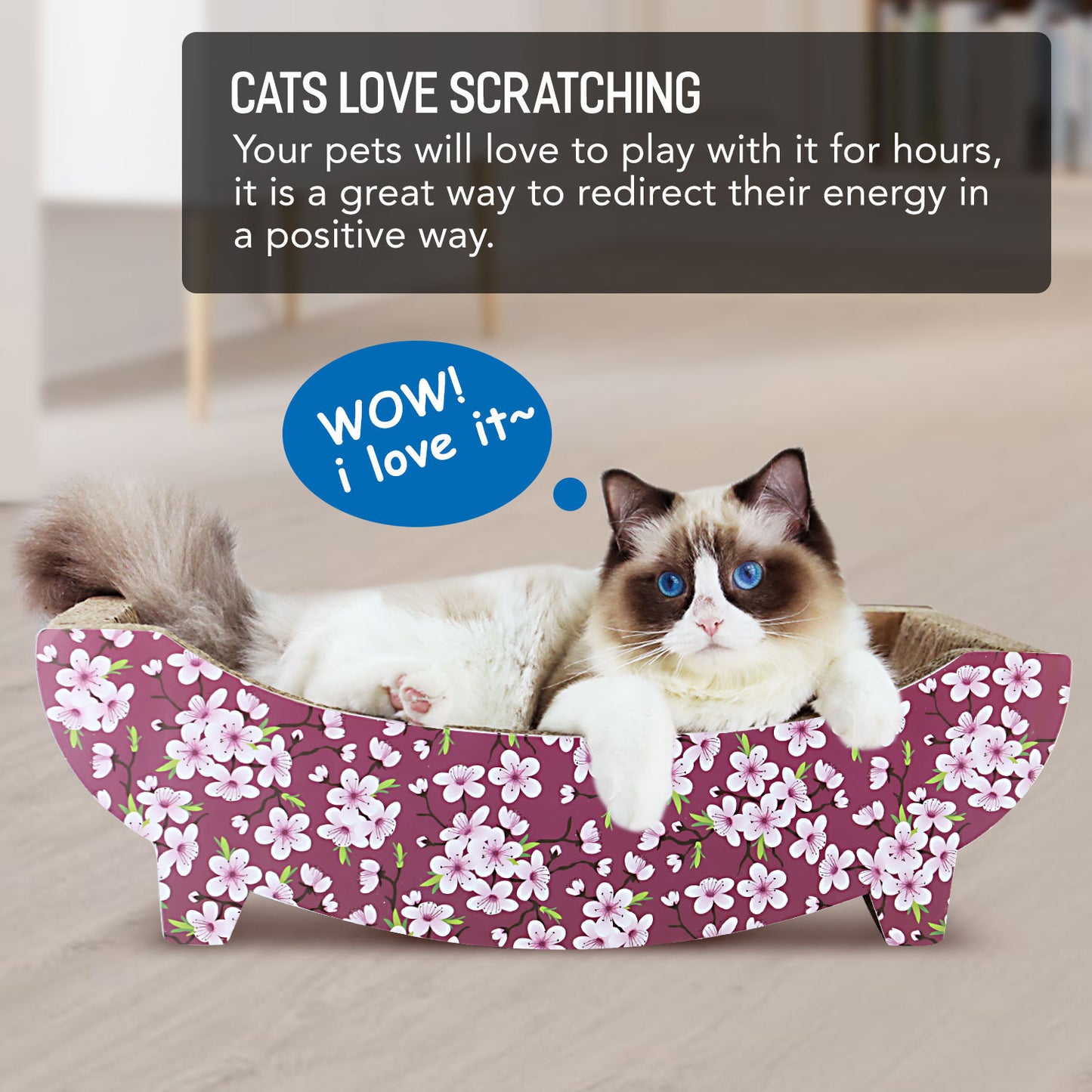 ScratchMe Cat Scratching Post Lounge Bed , Boat Shape Cat Scratcher Cardboard, Durable Recycle Board Pads Prevents Furniture Damage