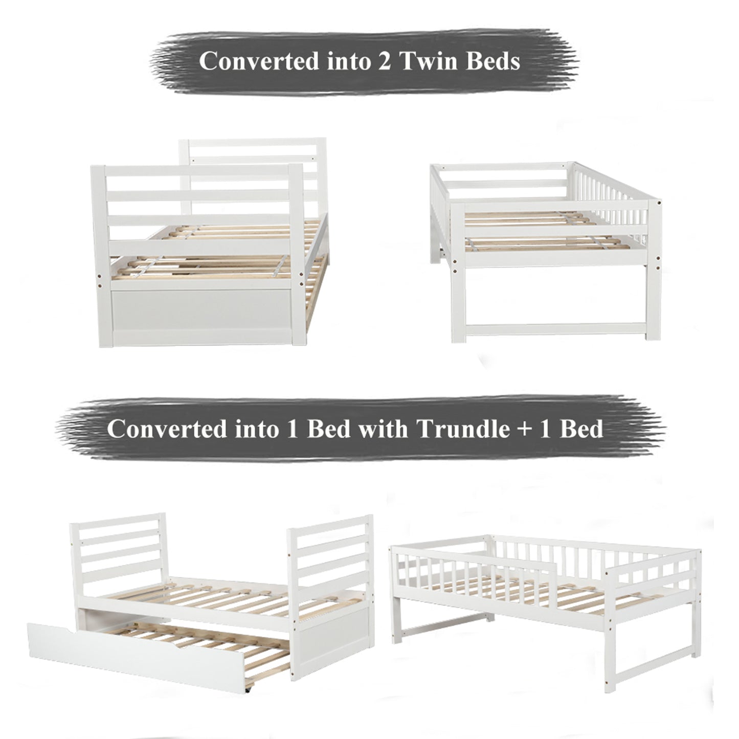 Kids Solid Hardwood Twin Bunk Bed Set with Trundle Bed and Safety Features