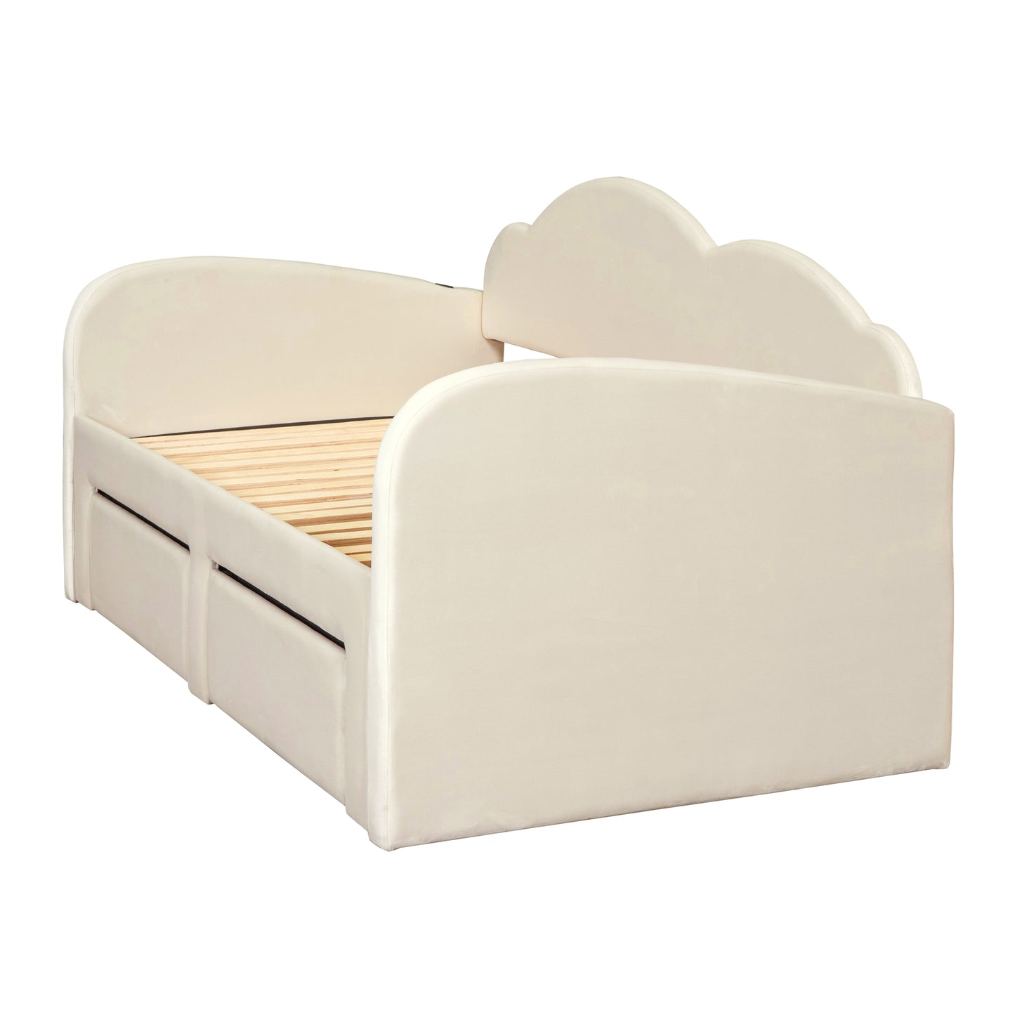 Twin Size Upholstered daybed with Cloud-Shaped Backrest, Trundle & 2 Drawers and USB Ports, Beige