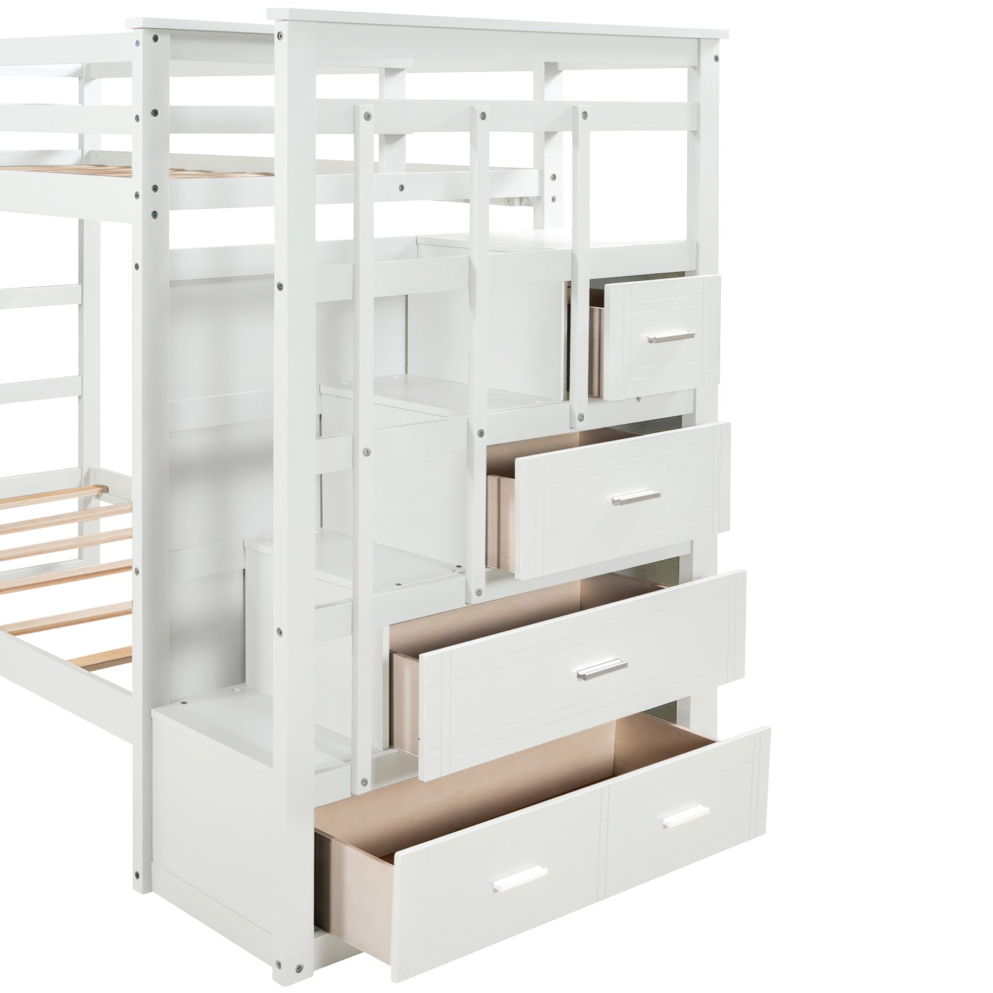 White Solid Wood Twin Bunk Bed with Trundle and Staircase