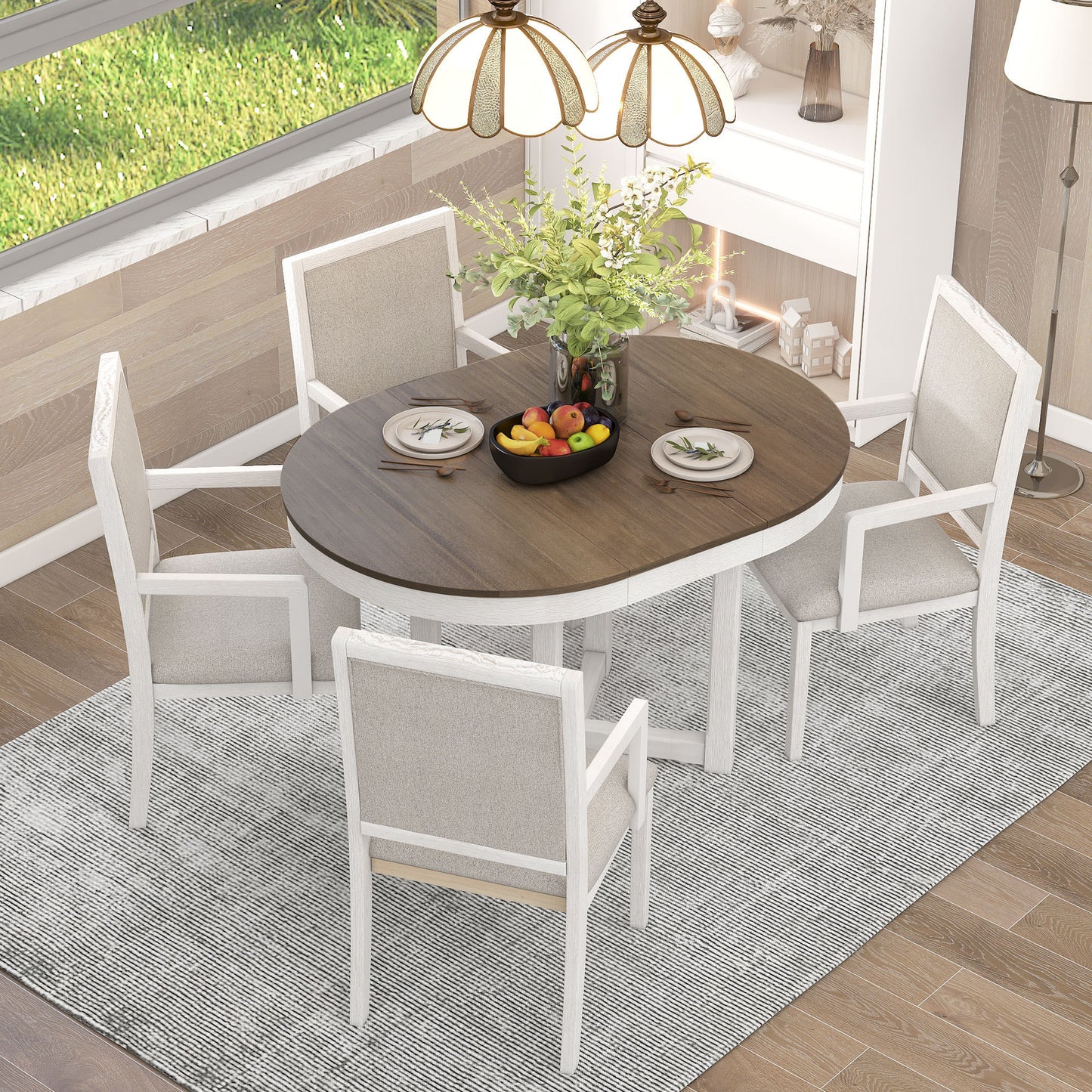 TREXM 5-Piece Dining Table Set, Two-Size Round To Oval Extendable Butterfly Leaf Wood Dining Table and 4 Upholstered Dining Chairs with Armrests (Brown+White)