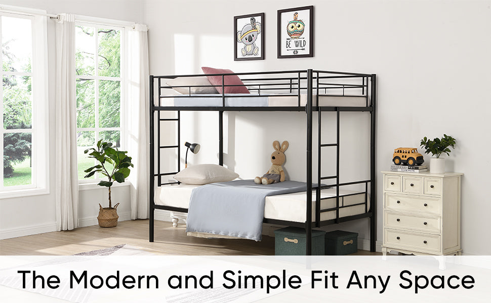 Convertible Twin Over Twin Metal Bunk Bed with 2 Ladders, Guardrail, and Storage Space in Black