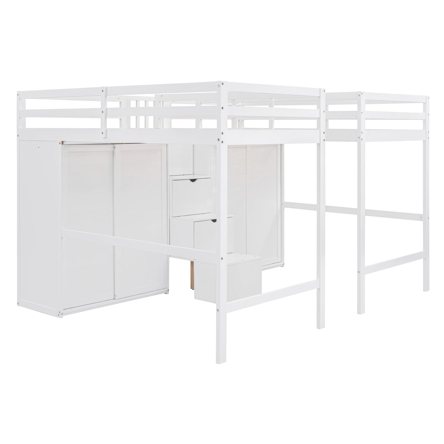 Double Twin Loft Beds with Wardrobes and Staircase, White