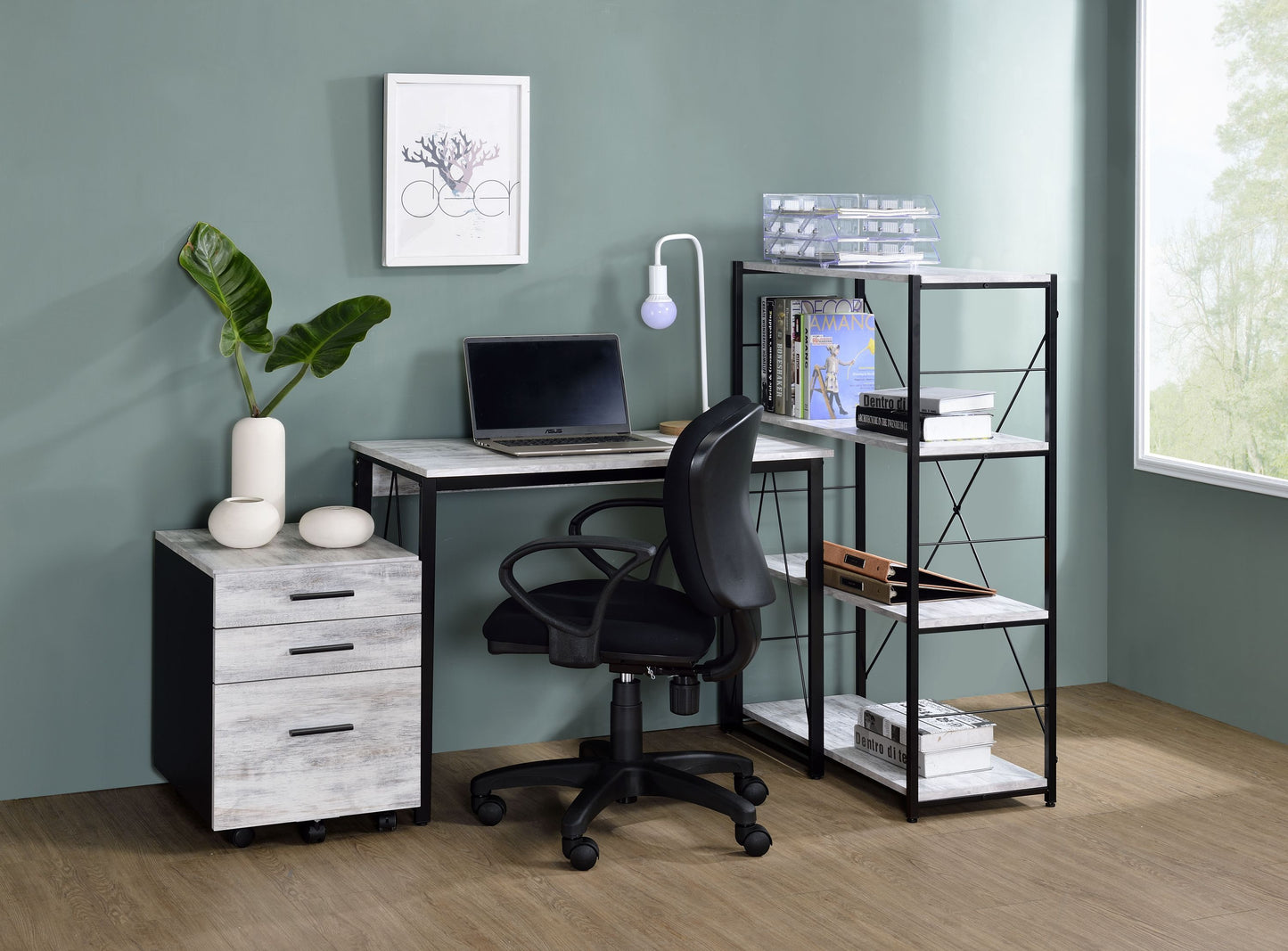 Rustic Industrial Zaidin Writing Desk in Antique White and Black Finish