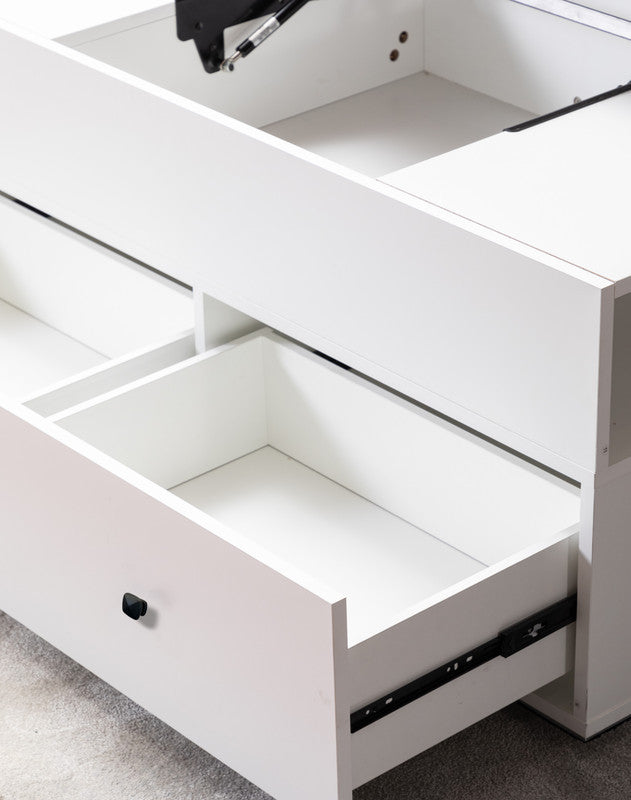 Luna White Coffee Table with Walnut Finish Lift Top, 2 Drawers, and 2 Shelves for Stylish Organization