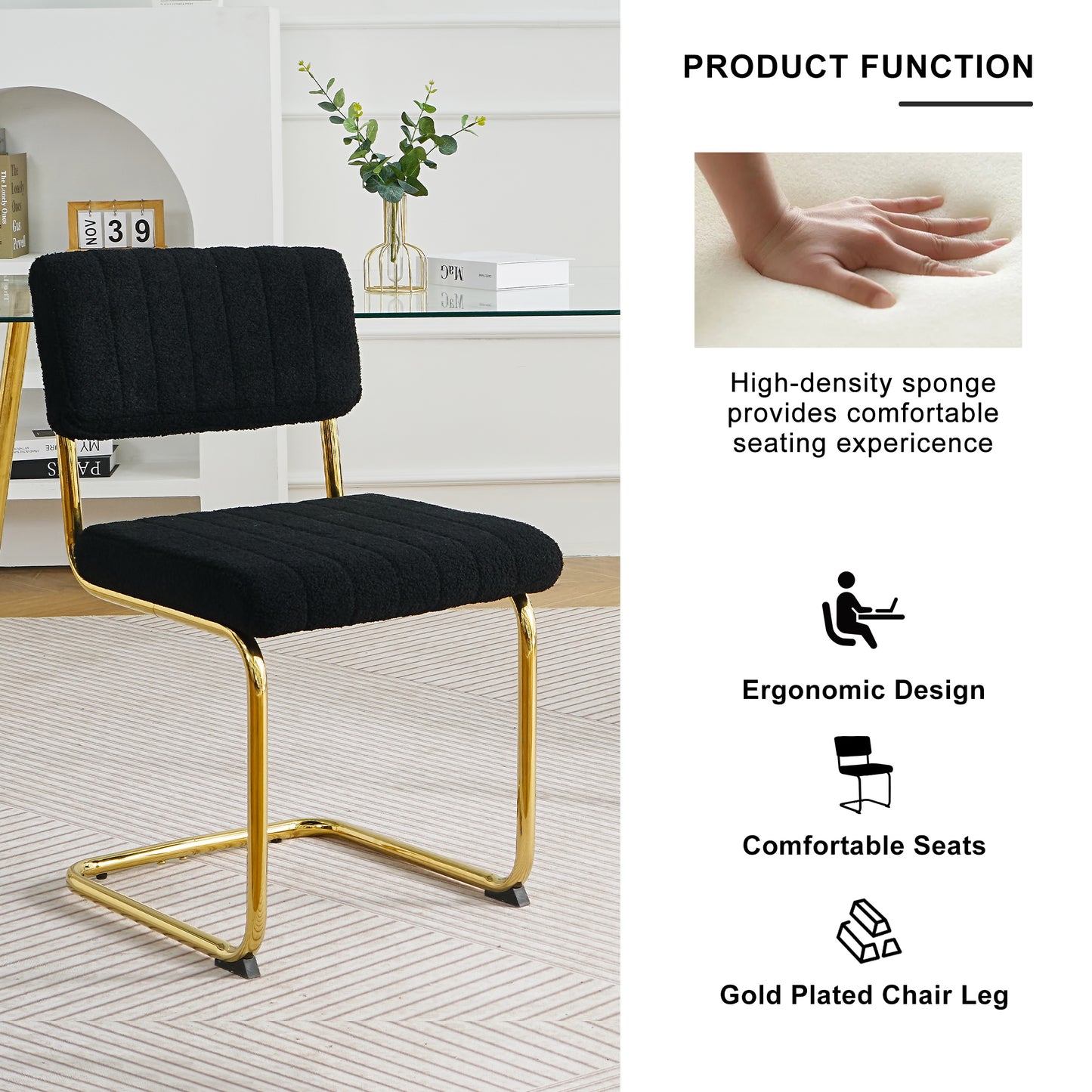 Modern simple light luxury dining Black chair home bedroom stool back dressing chair student desk chair gold metal legs(set of 2)