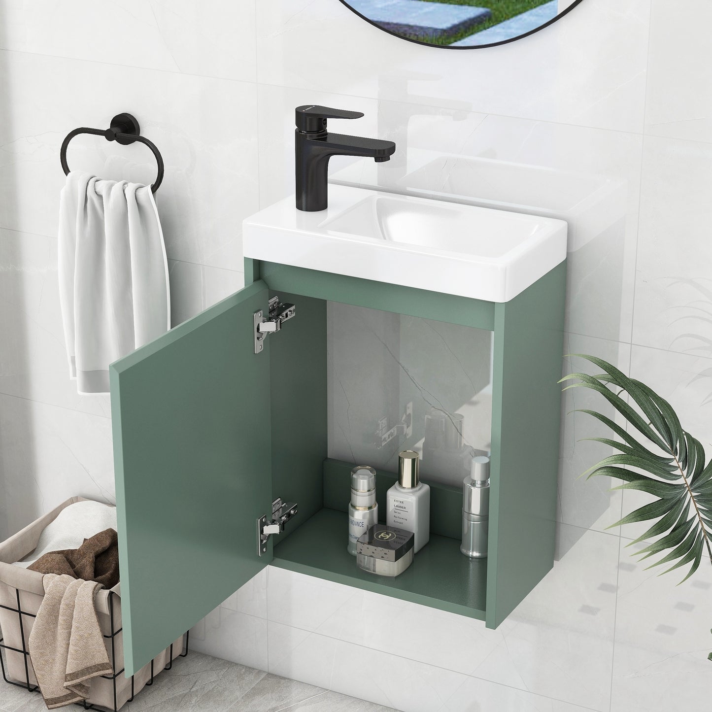 Elegant 16-Inch Green Bathroom Vanity Cabinet with Soft-Close Doors - Easy Assembly, Stylish Storage