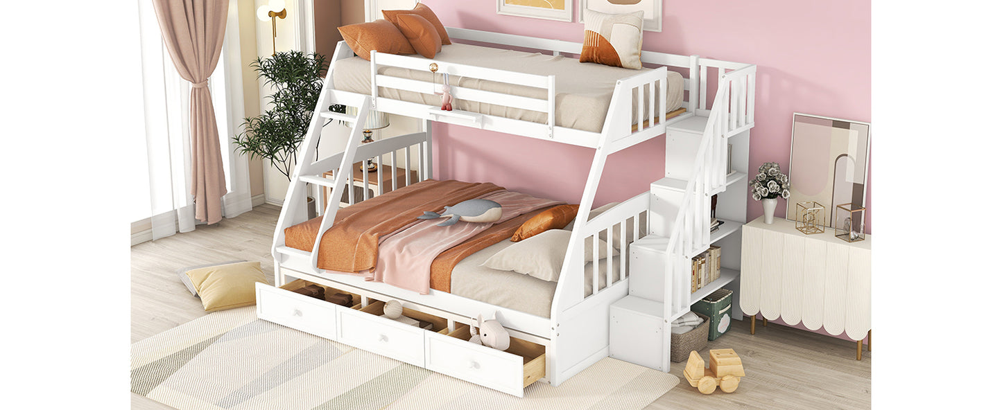 White Bunk Bed with Drawers, Ladder, and Storage Staircase for Twin and Full Sizes