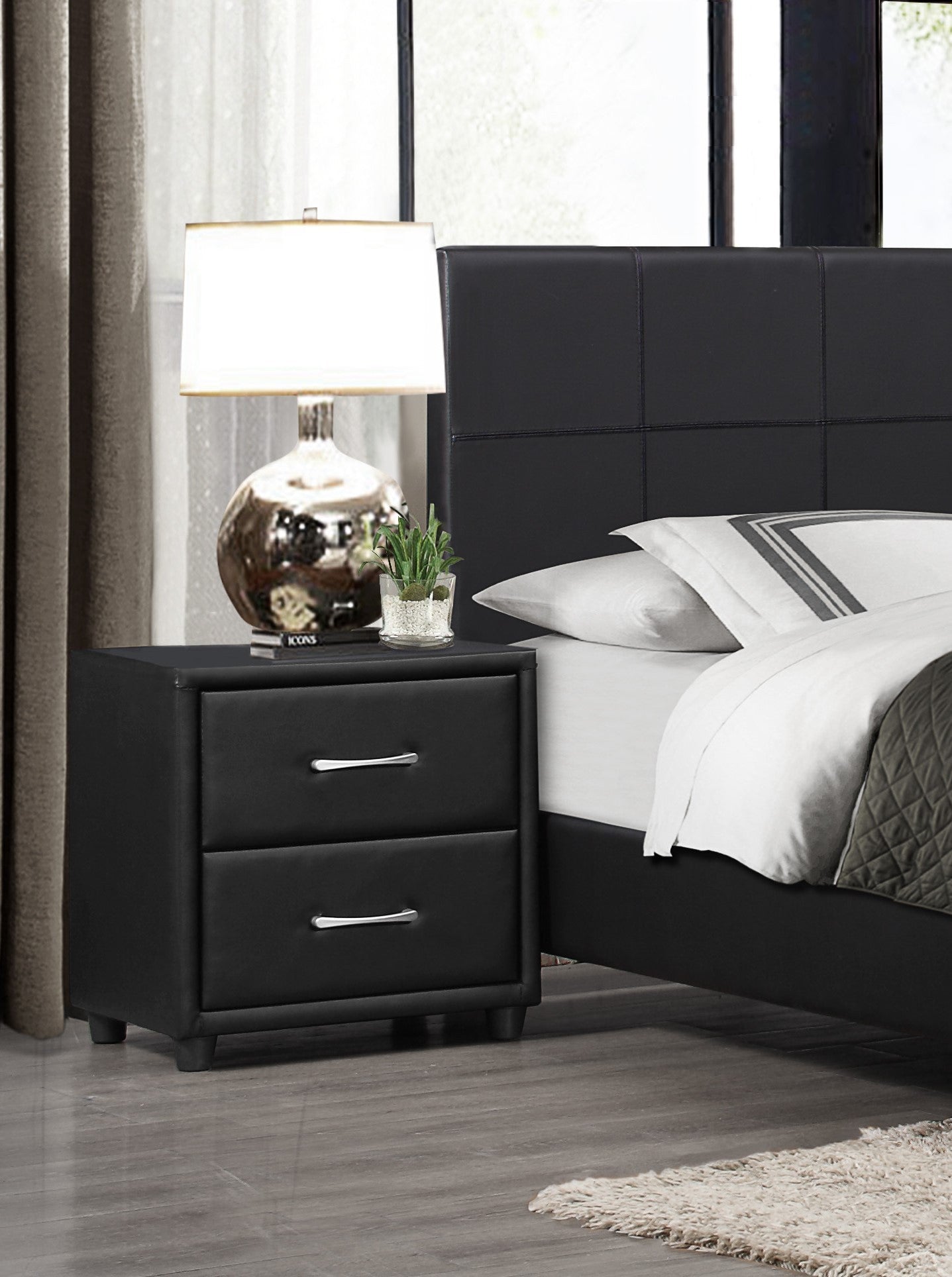 Contemporary Durable Black Faux Leather Covering 1pc Nightstand of Drawers Silver Tone Bar Pulls Stylish Furniture