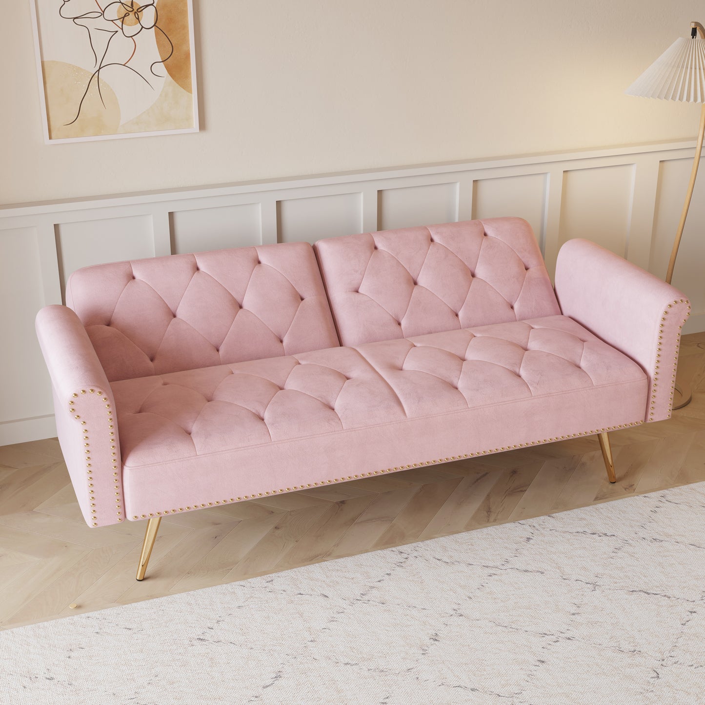 69.7 Elegant Pink Velvet Sofa Bed with Nail Head Accents and Throw Pillow