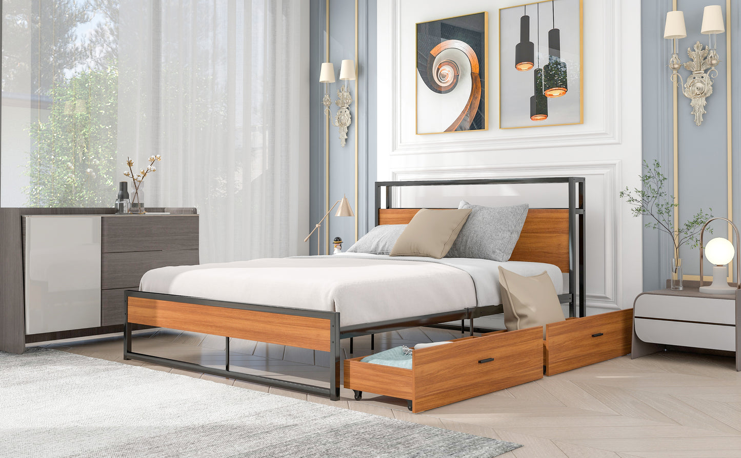 Queen Size Metal Platform Bed Frame with Two Drawers,Sockets and USB Ports ,Slat Support No Box Spring Needed Black