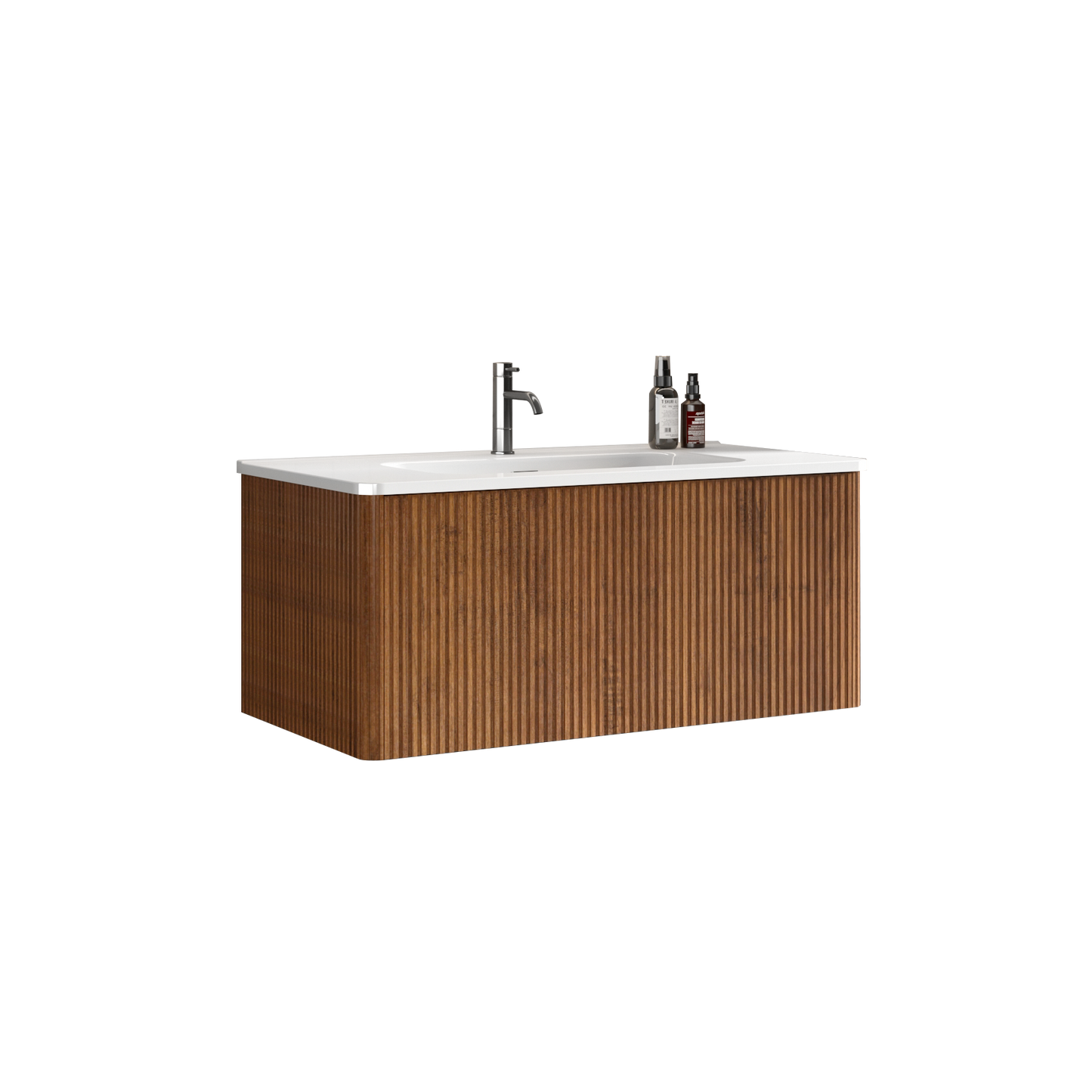 U048-Etna36W-305 Etna 36" Striped Walnut Bathroom Vanity with White Ceramic Sink, Wall Mounted Floating Bathroom Vanity for Modern Bathroom, One-Piece White Basin without Drain and Faucet