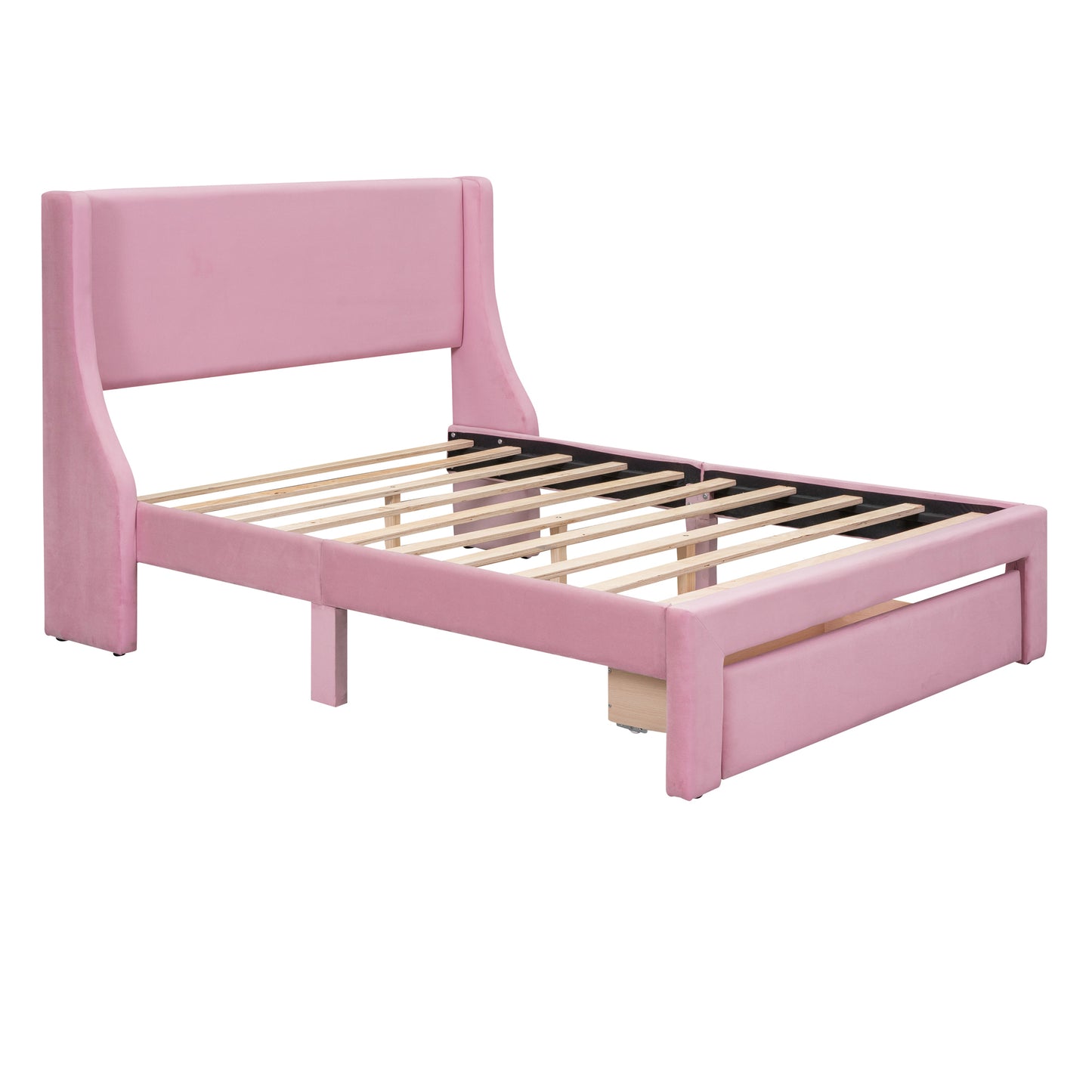 Full Size Storage Bed Velvet Upholstered Platform Bed with a Big Drawer - Pink