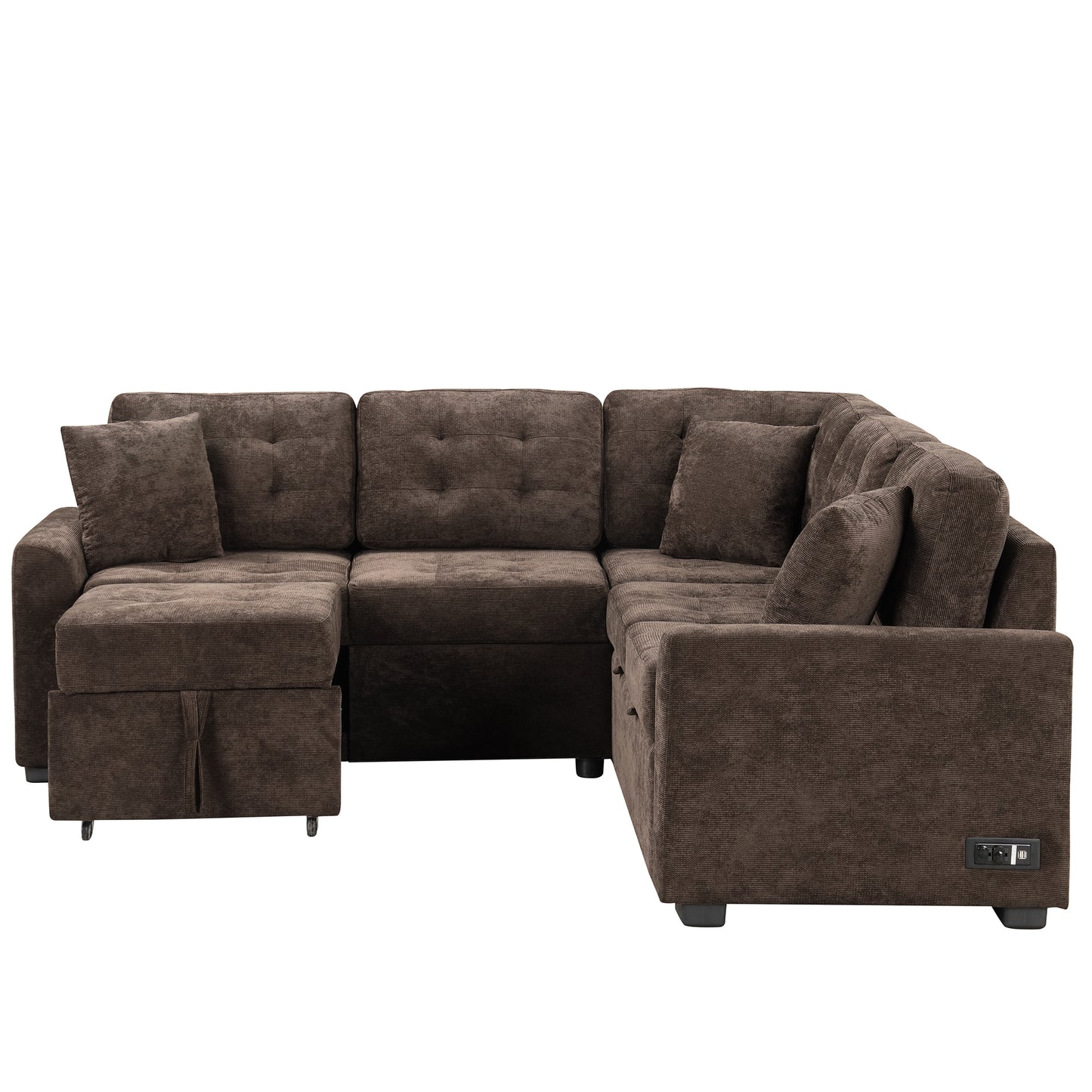 Convertible L-Shape Sleeper Sofa with USB Ports and Power Sockets, Brown