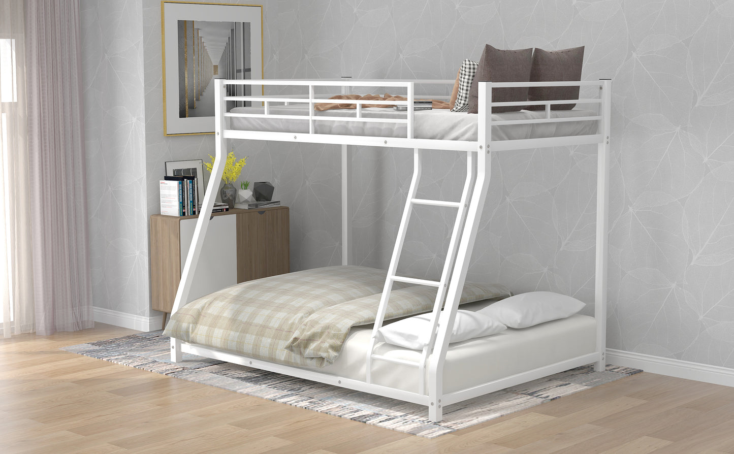 White Metal Bunk Bed with Sloping Stairs for Twin over Full Size