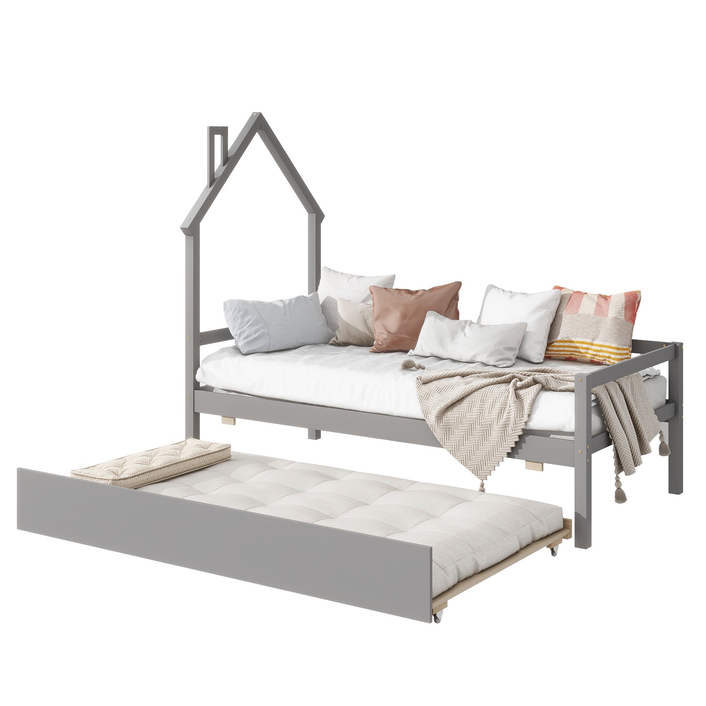 Twin Wooden Daybed with trundle, Twin House-Shaped Headboard  bed with Guardrails,Grey