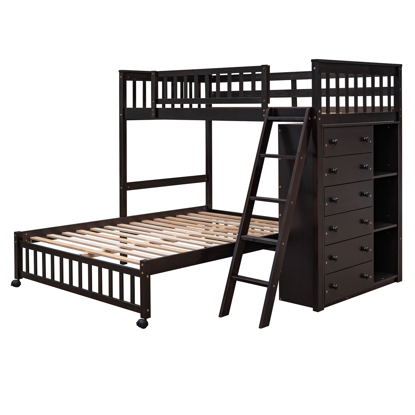 Espresso Wooden Bunk Bed with Twin Over Full, 6 Drawers, and Flexible Shelves - Versatile Solid Wood Bunk Bed with Storage and Removable Bottom Bed