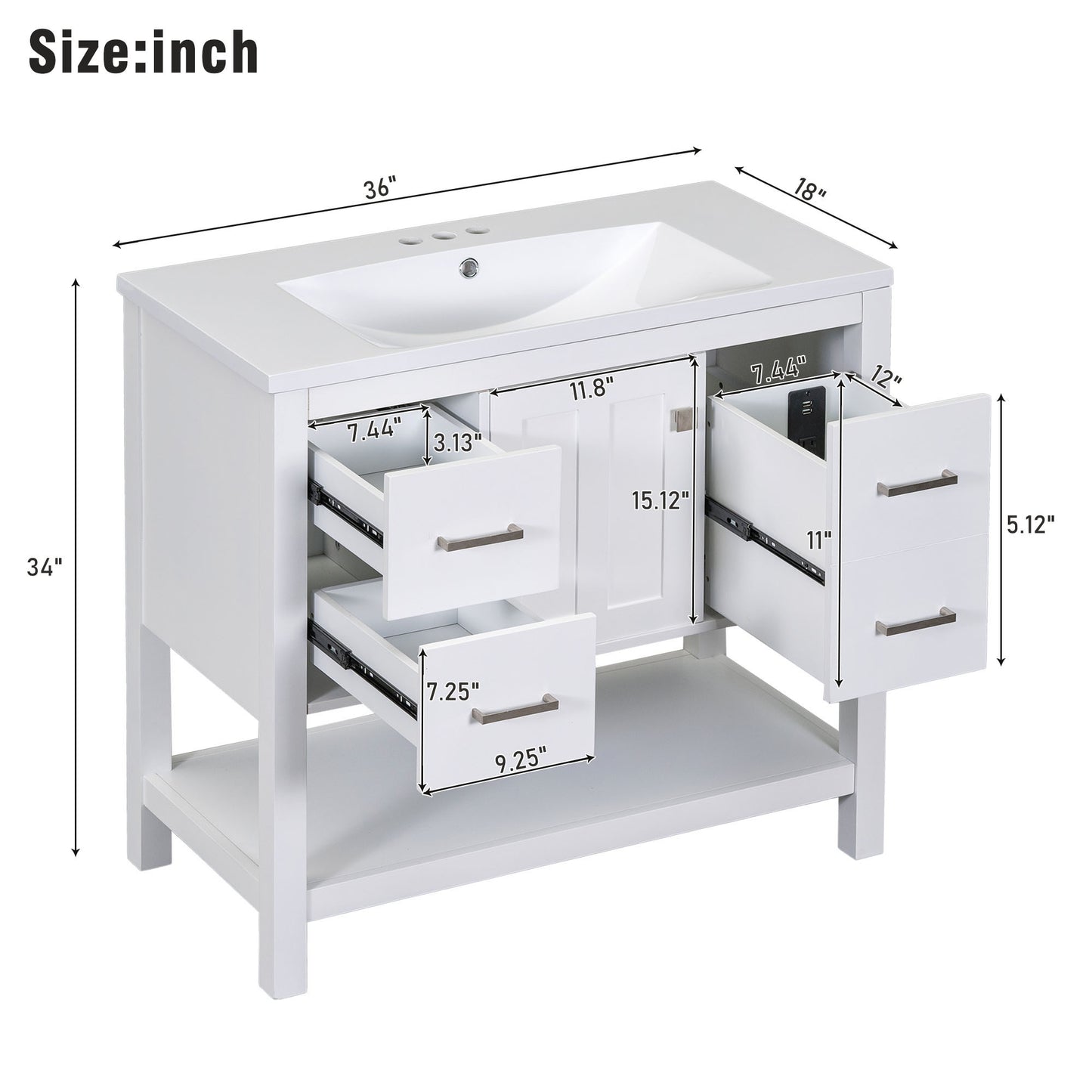 36" White Modern Bathroom Vanity with USB,Two Shallow Drawers, One Deep Drawer,One door,Single Resin Sink,Small Bathroom Organization Cabinet