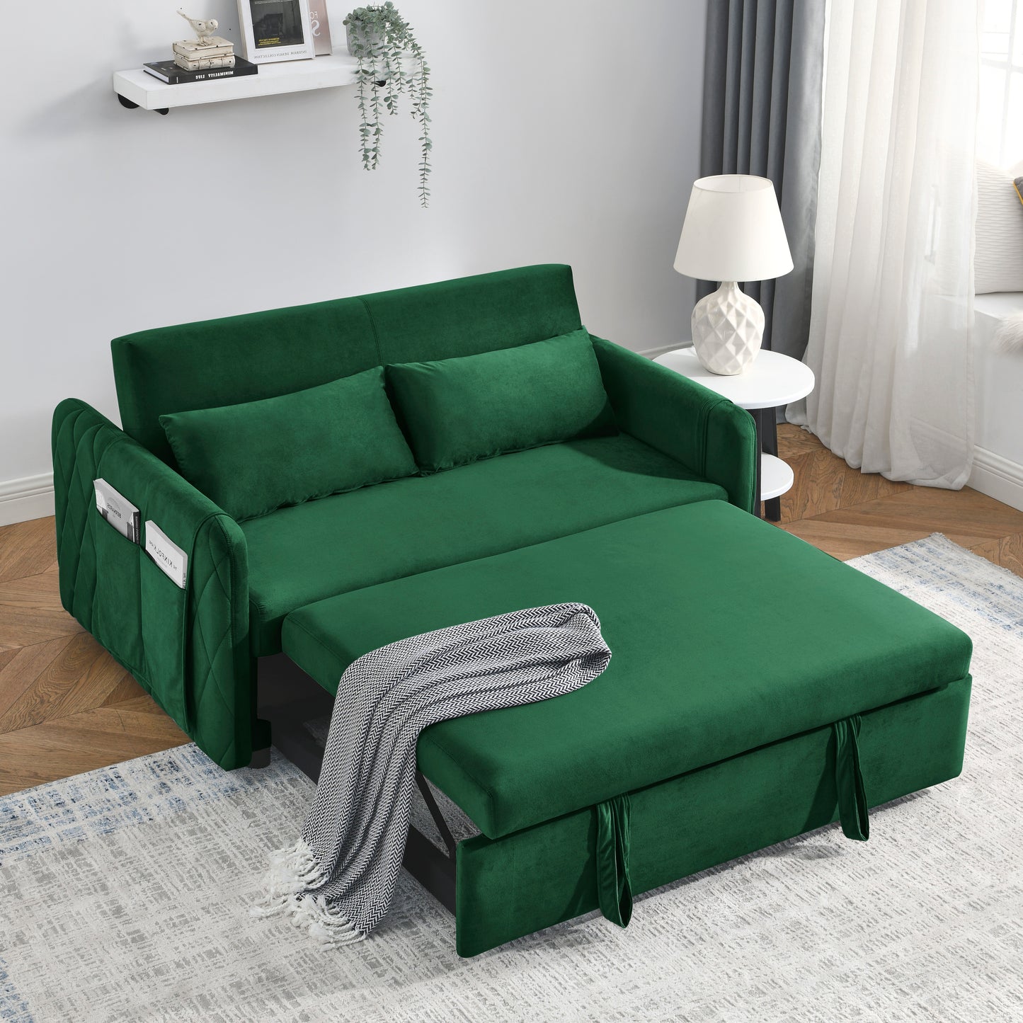 Modern 55 Velvet Convertible Sofa Bed with Adjustable Backrest and Arm Pockets