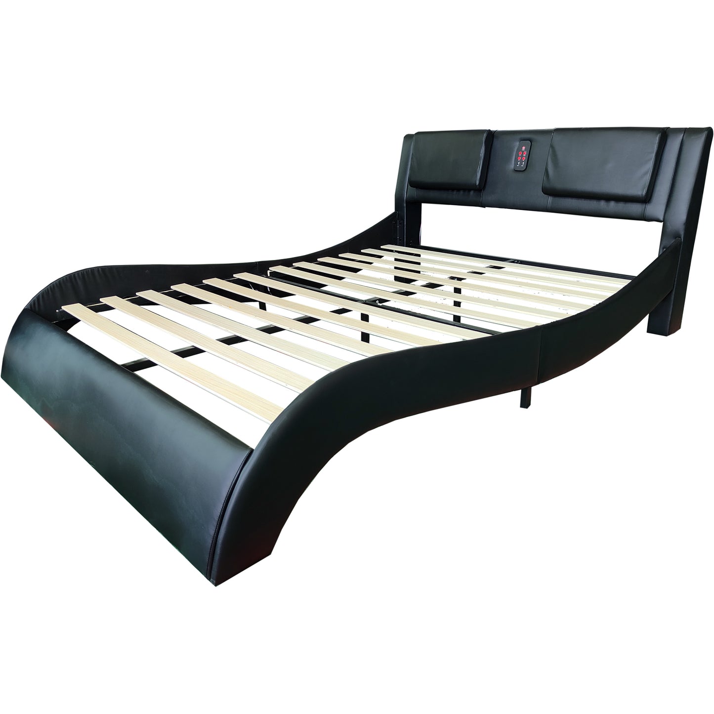 Faux Leather Upholstered Platform Bed Frame with led lighting, Bluetooth connection to play music control, Backrest vibration massage, Curve Design, Wood Slat Support, One-Carton Package, Queen