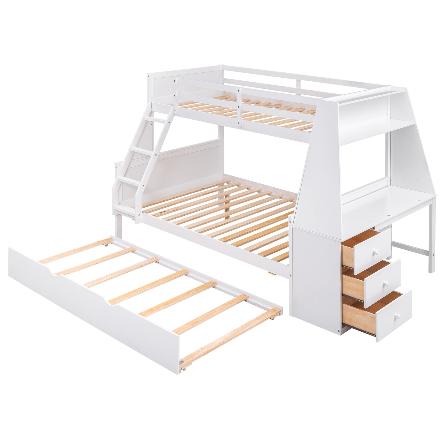 Space-Saving Twin over Full Bunk Bed with Built-in Desk and Trundle - White