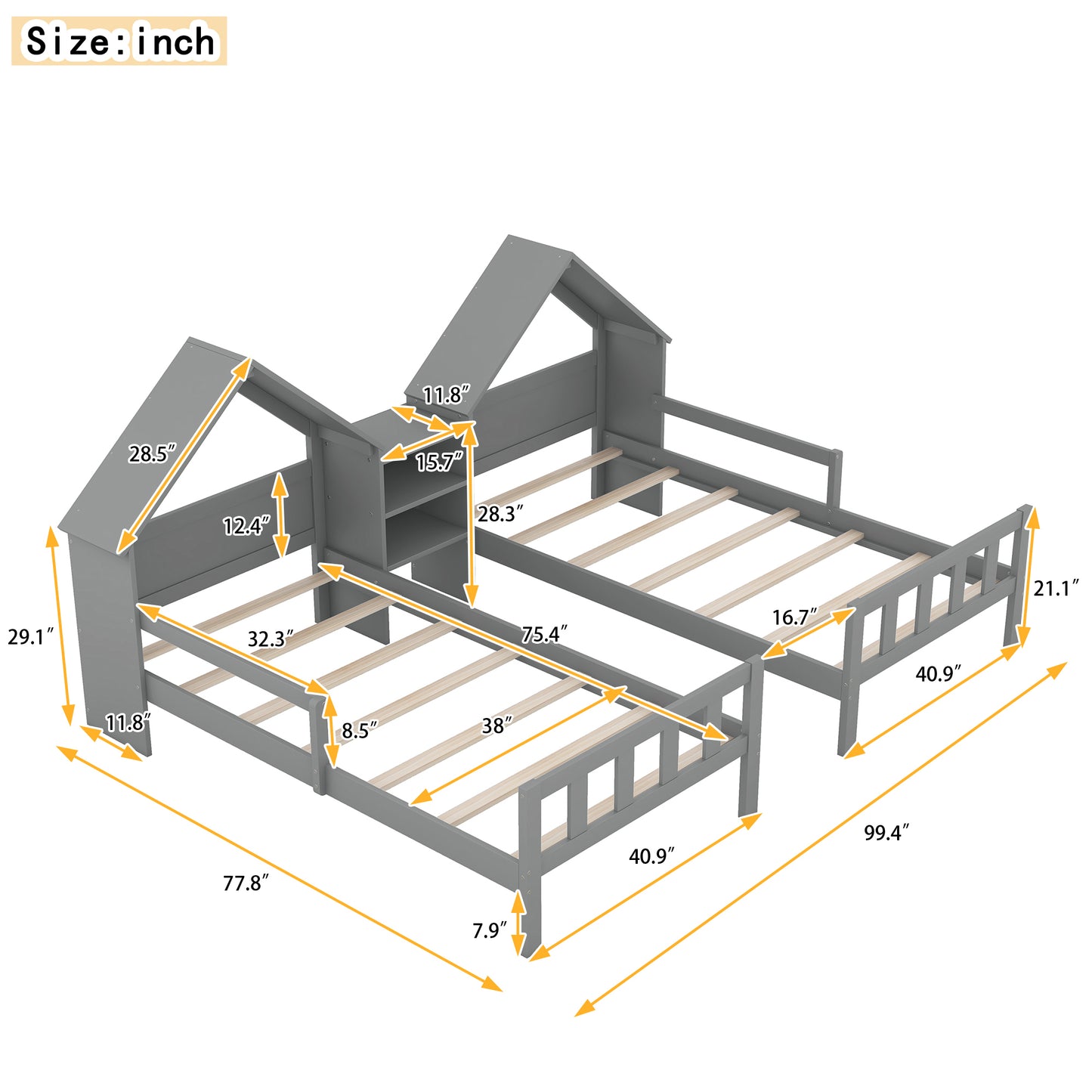 Double Twin Size Platform Bed with House-shaped Headboard and a Built-in Nightstand, Grey