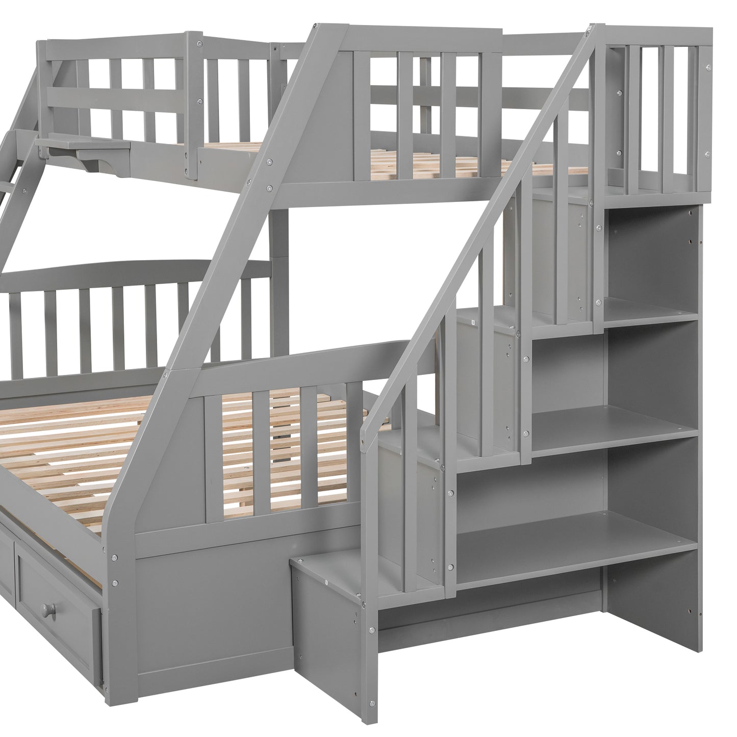 Gray Twin-Over-Full Bunk Bed with Storage Staircase, Ladder, and Drawers