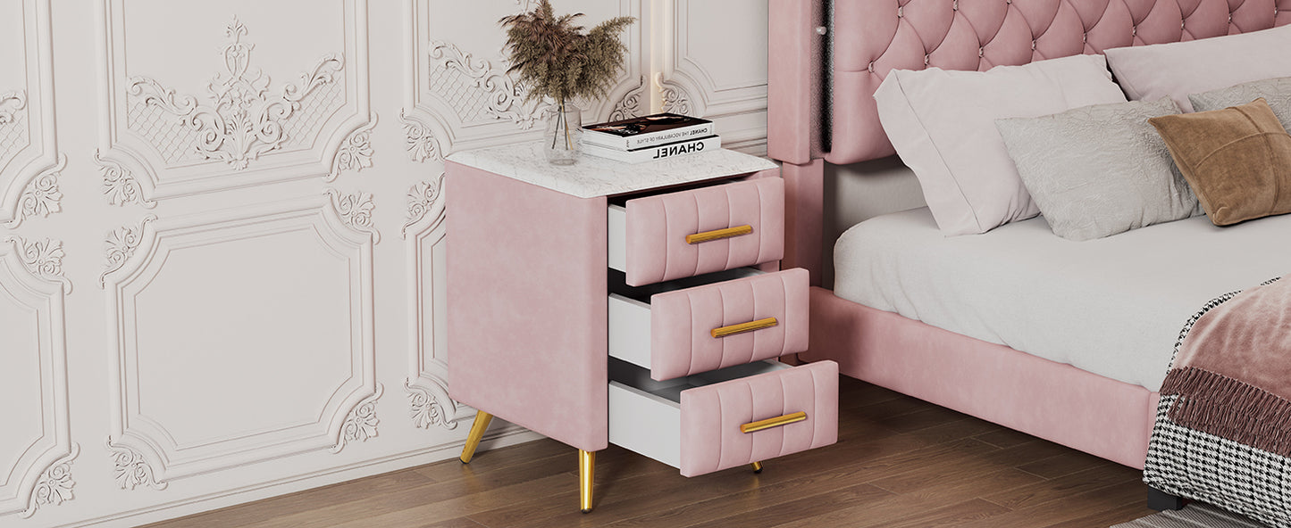 Upholstered Wooden Nightstand with 3 Drawers and Metal Legs&Handles,Fully Assembled Except Legs&Handles,Bedside Table with Marbling Worktop - Pink